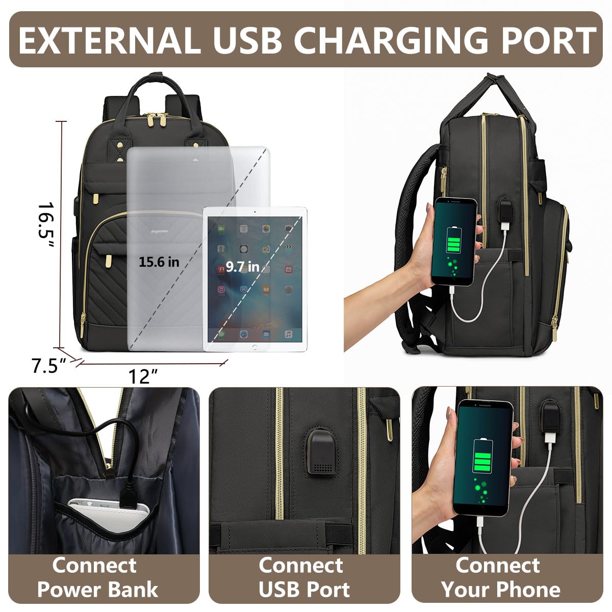 Stylish Women's Laptop Backpack with USB Charging Port - Waterproof Travel & Business Computer Bag for Work, School, College - Perfect for Teachers, Nurses & Professionals (Black)