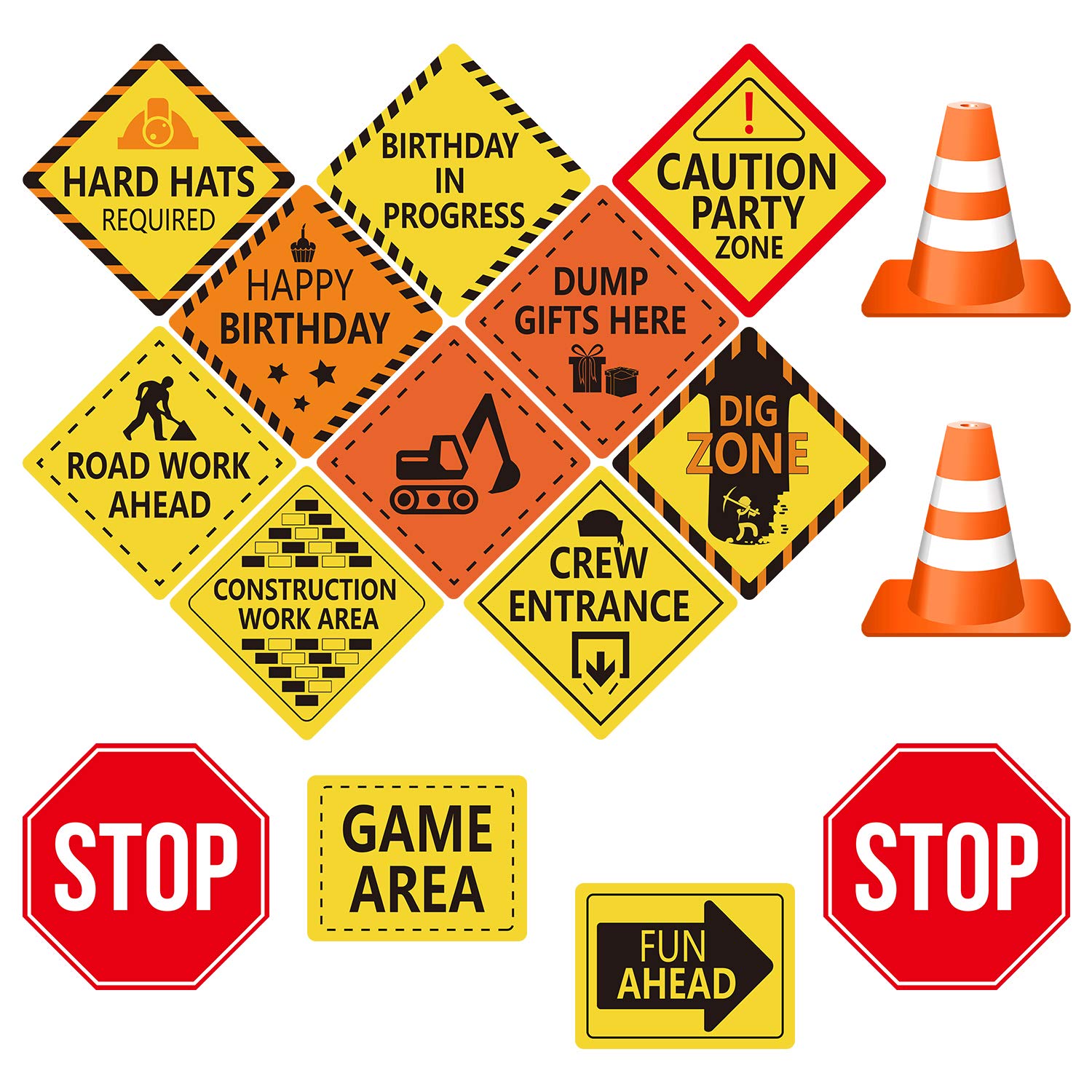 TUPARKA 16-Piece Construction Party Decor Set - Double-Sided Traffic Sign Cutouts for Boys Birthday Party, Kids Room Decor & Construction Theme Events | Perfect for Construction Birthday Parties, Classroom Decor, and Playroom Wall Decorations