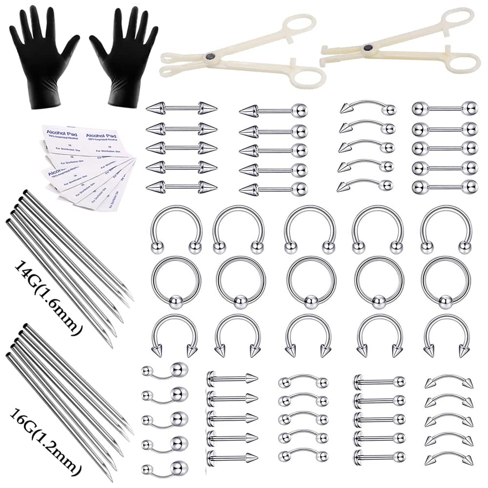 Professional Stainless Steel Body Piercing Kit - 16G Needles & Jewelry for Tongue, Tragus, Cartilage, Eyebrow, Nose & Lip Piercing | Safe & Hygienic for Professional or Home Use