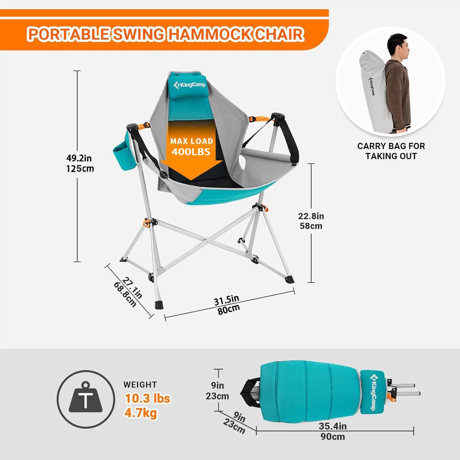 KingCamp Portable Hammock Camping Chair - Lightweight Aluminum Alloy Adjustable Recliner with Pillow & Cup Holder - Perfect for Backyard, Beach, Concerts, Hiking & Outdoor Adventures