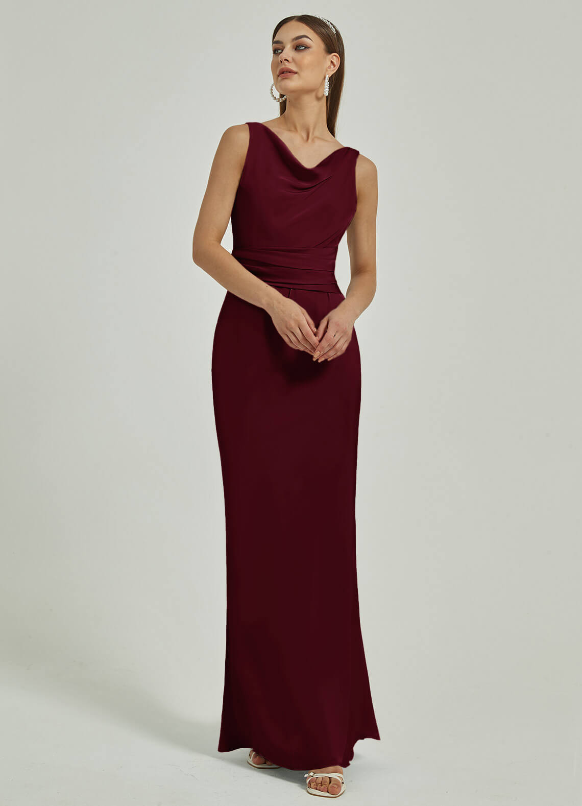 Elegant Burgundy Silk Satin Cowl Neck Sheath Dress | Backless Maxi Bridesmaid Gown for Weddings & Formal Events | Perfect for Evening Parties, Prom & Special Occasions