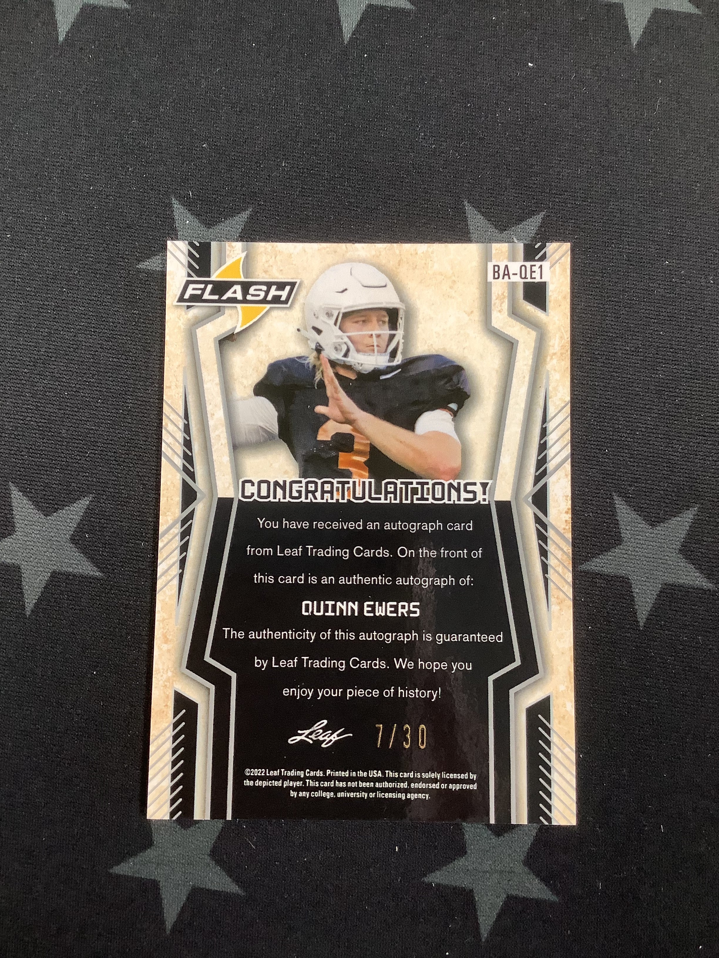 2022 LEAF FLASH FOOTBALL QUINN EWERS AUTO #BA QE1 /30 - Rare Signed Collectible for Football Fans & Sports Memorabilia Enthusiasts - Perfect for Display, Investment & Gifting