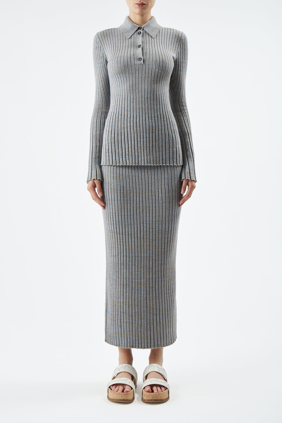 Light Blue Melange Cashmere Conti Knit Midi Skirt - Women's Elegant Winter Skirt for Office, Date Night & Holiday Outfits