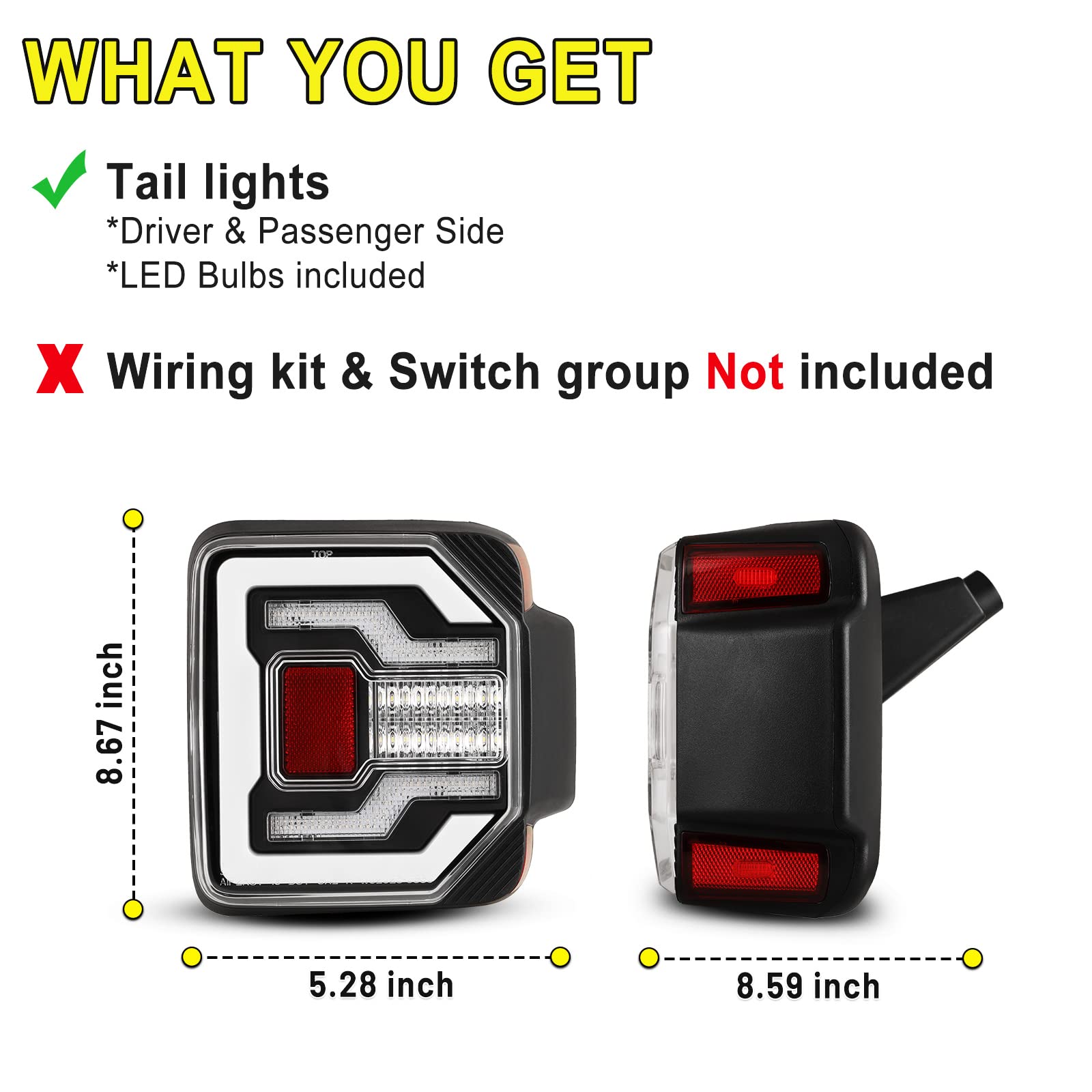 AUTOWIKI LED Tail Lights for 2018-2025 Jeep Wrangler JL & 2021-2025 Wrangler 4XE Plug-in - Black Housing with Clear Lens - Direct Replacement Pair (Left & Right) - Perfect for Off-Roading, Night Driving & Vehicle Customization