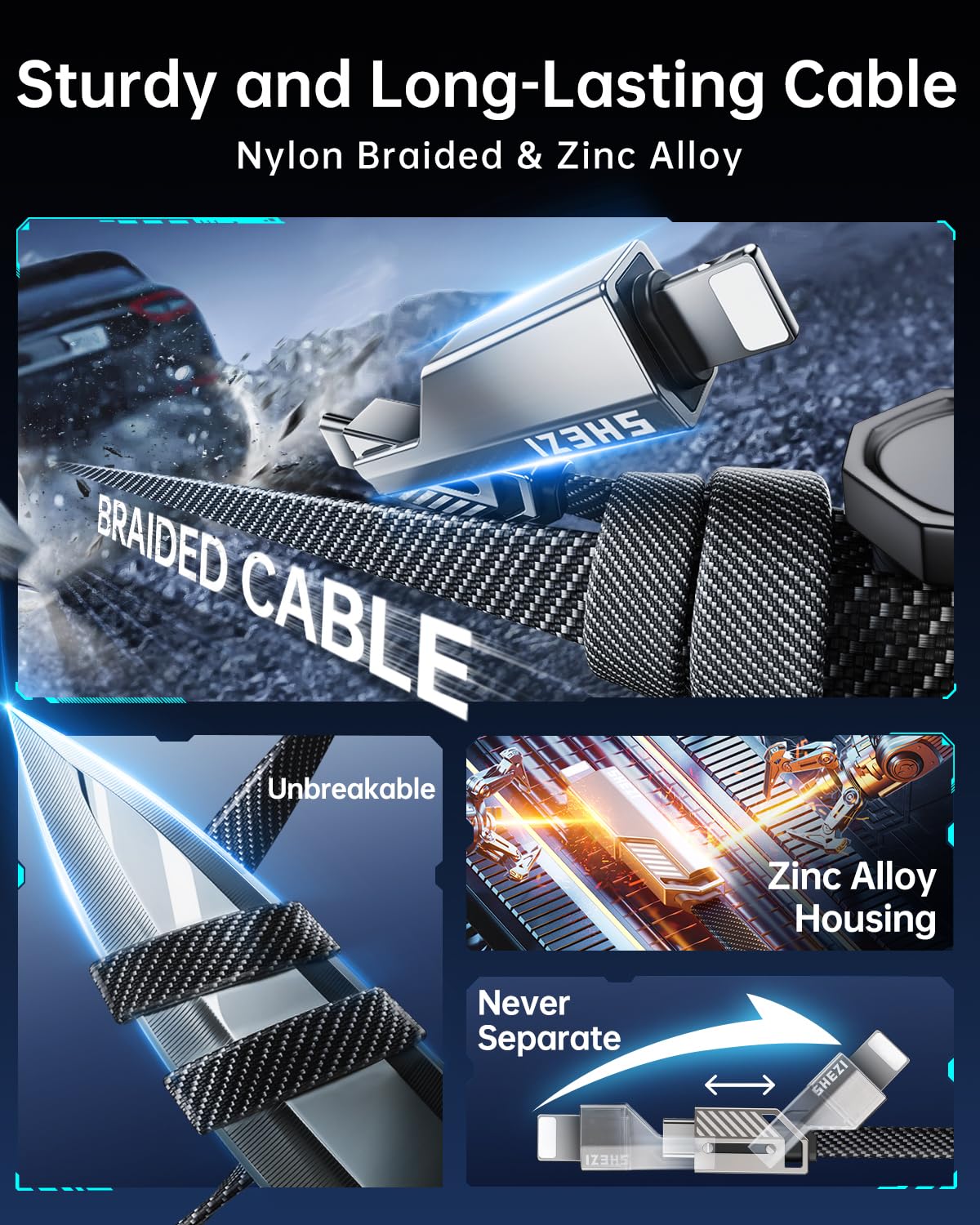 Upgraded 2.0 SHEZI 4-in-1 USB C Cable 60W 5FT Fast Charging & Data Sync - MFI Certified Lightning Cable with Flat Braided Design - Compatible with iPhone 15/14/13, iPad, Samsung Galaxy & More - Perfect for Travel, Office & Home Charging