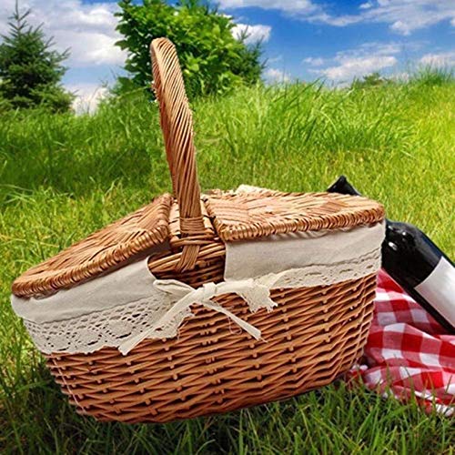 Premium Wicker Willow Picnic Basket with Lid & Handle - Insulated White Liner for Outdoor Dining, Beach Picnics & Grocery Shopping