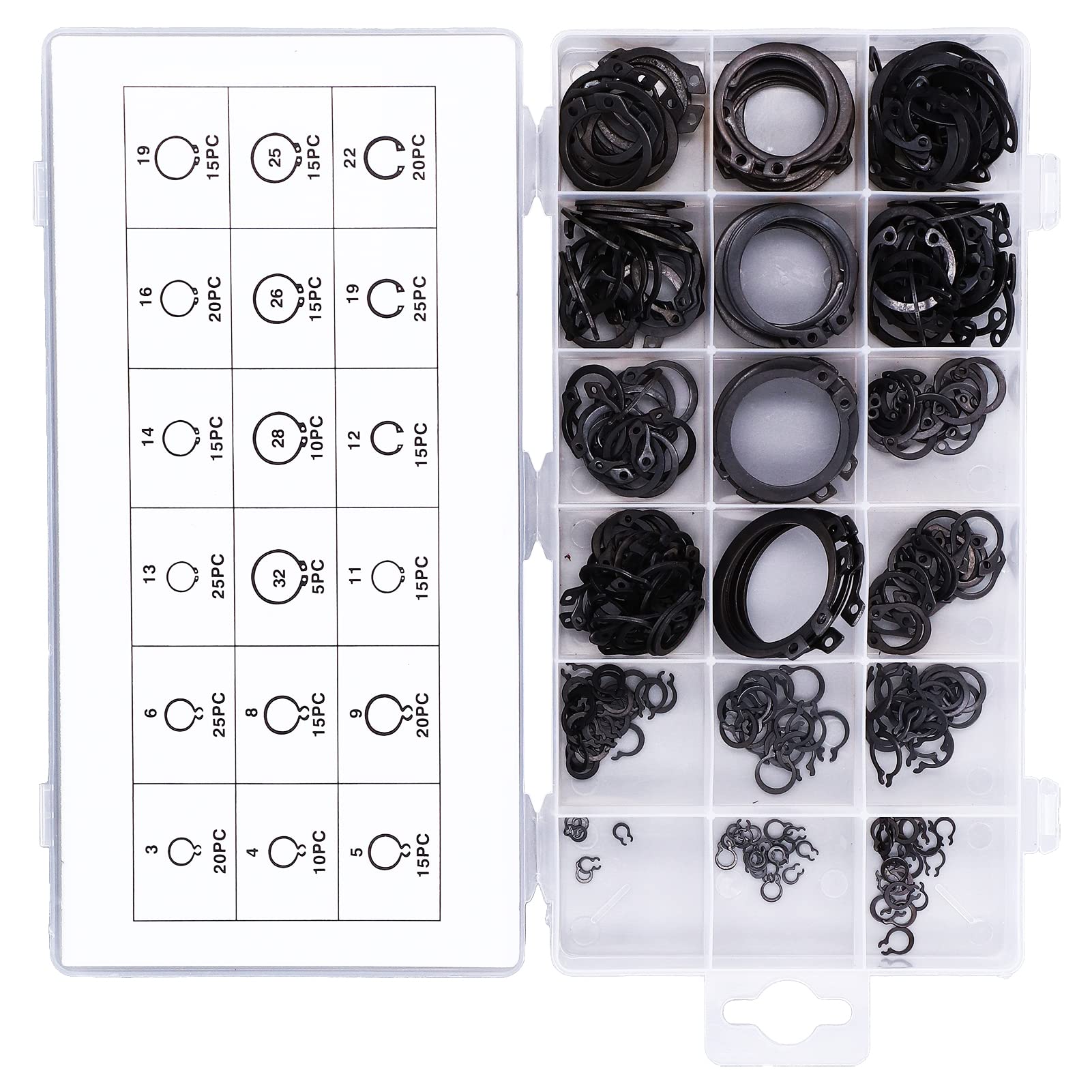 300-Piece C Clamp & External Retaining Ring Assortment Kit - Durable Rubber & Alloy Steel Retaining Rings for Cylinders, Automotive Valves - Perfect for DIY Repairs, Machinery Maintenance & Industrial Applications