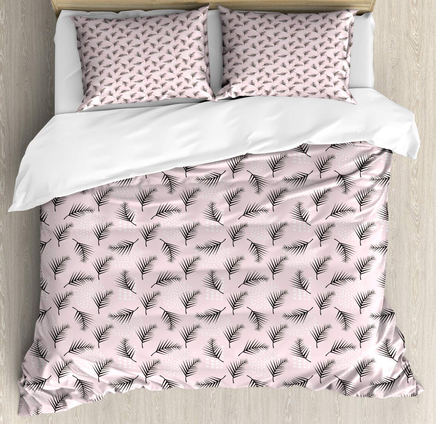 Lunarable Girly Duvet Cover Set - Exotic Leaves & Dots Pattern, 3-Piece King Size Bedding Set with 2 Pillow Shams in Pale Pink & Charcoal Grey | Soft & Stylish for Girls' Bedroom, Teen Room Decor, Dorm Essentials