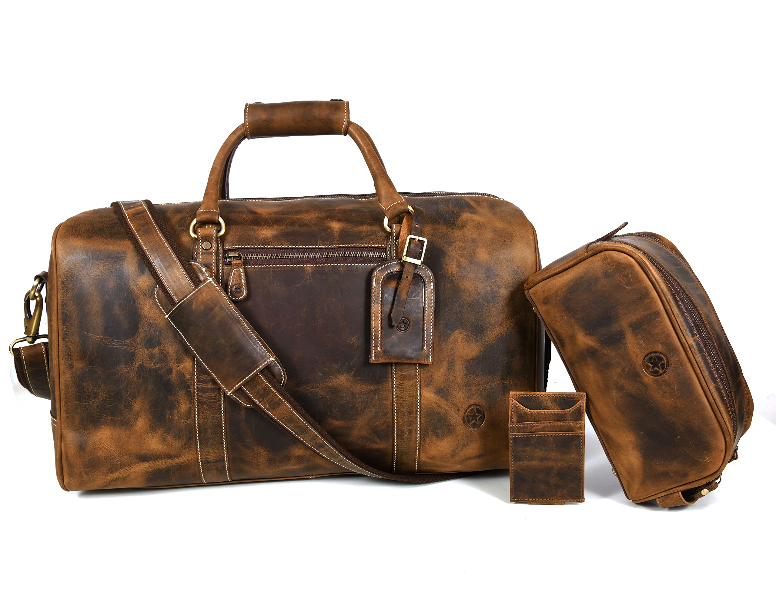 Premium Full Grain Leather Travel Duffel Bag for Men & Women - 20 Inch Vintage Style Overnight Weekender Gym Bag with Toiletry Kit (Perfect for Business Trips, Gym Workouts & Weekend Getaways)