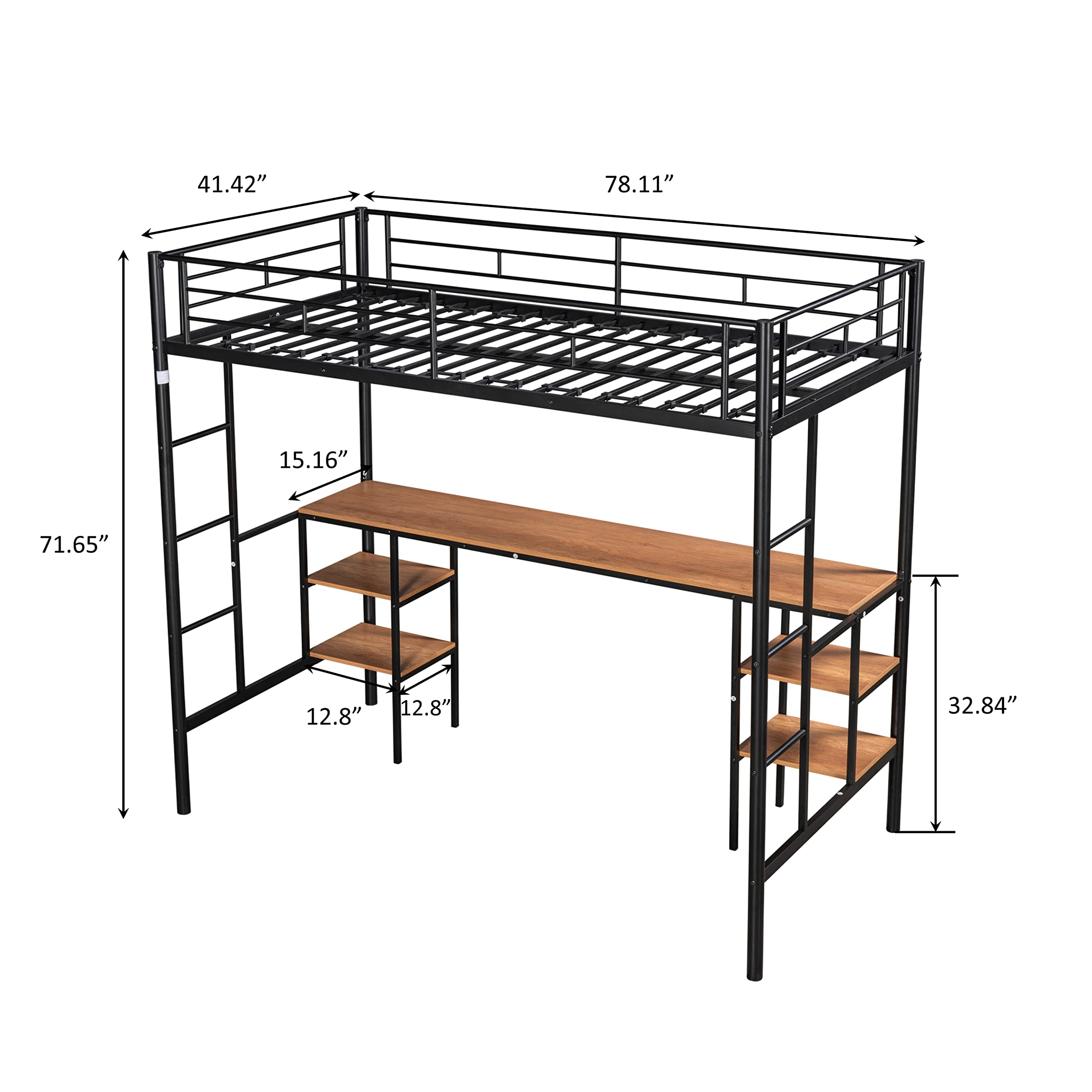 Metal Twin Loft Desk with Shelves & Storage - Sturdy Black Metal Loft Bed Desk for Small Spaces - Perfect for Dorm Rooms, Home Offices & Studio Apartments