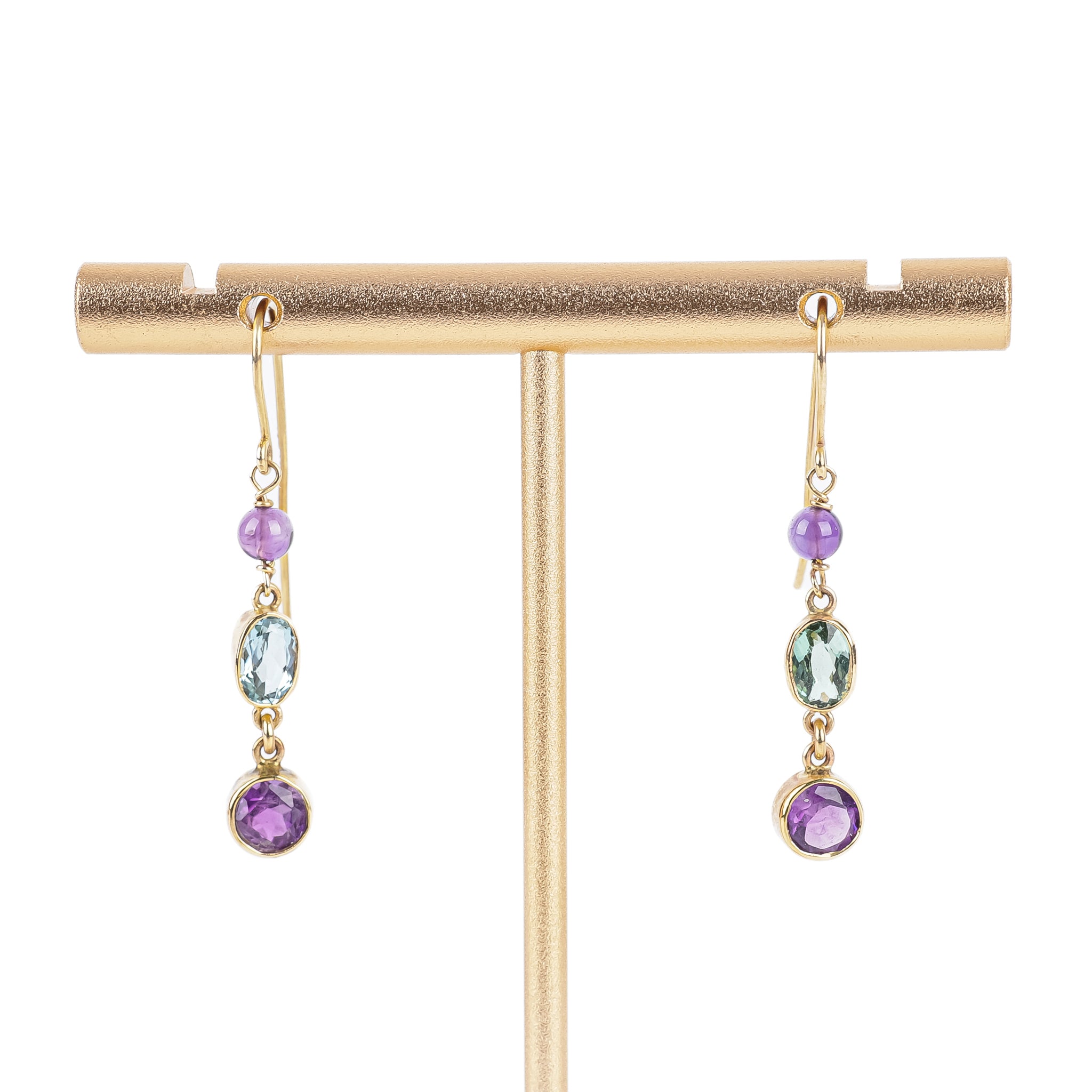 14K Yellow Gold Aquamarine & Amethyst Drop Earrings for Women - Dainty Gemstone Dangle Earrings for Wedding, Party & Special Occasions