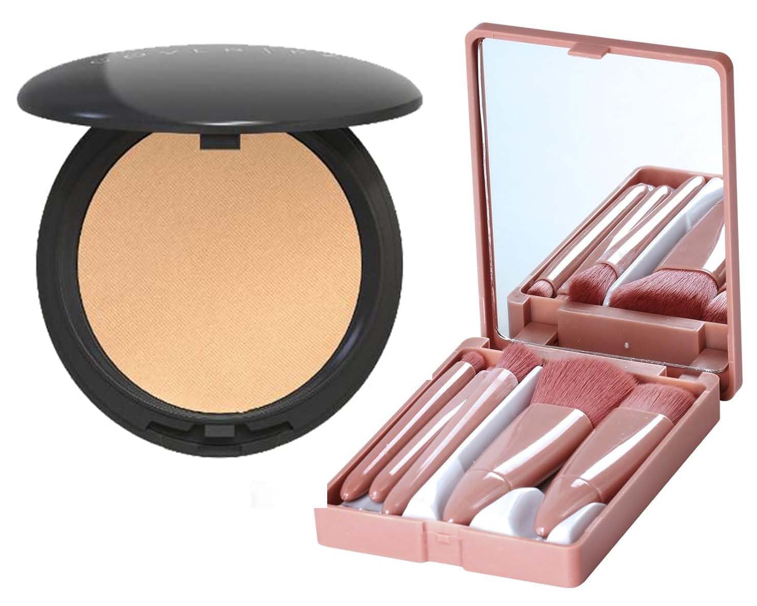5 Piece Professional Makeup Brush Set with Travel Case & Built-in Mirror - Portable Cosmetic Brushes for Eyeshadow, Powder, Foundation & Blush - Perfect for Travel, Home Use & Professional Makeup Artists
