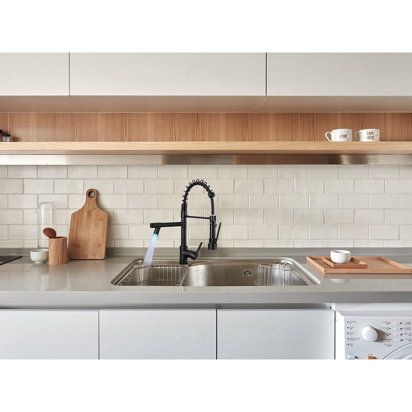 Qomolangma Matte Black Commercial Kitchen Sink Faucet with Pull Down Sprayer and LED Light - Modern Single Handle Design for Restaurants, Home Kitchens & Food Prep Stations