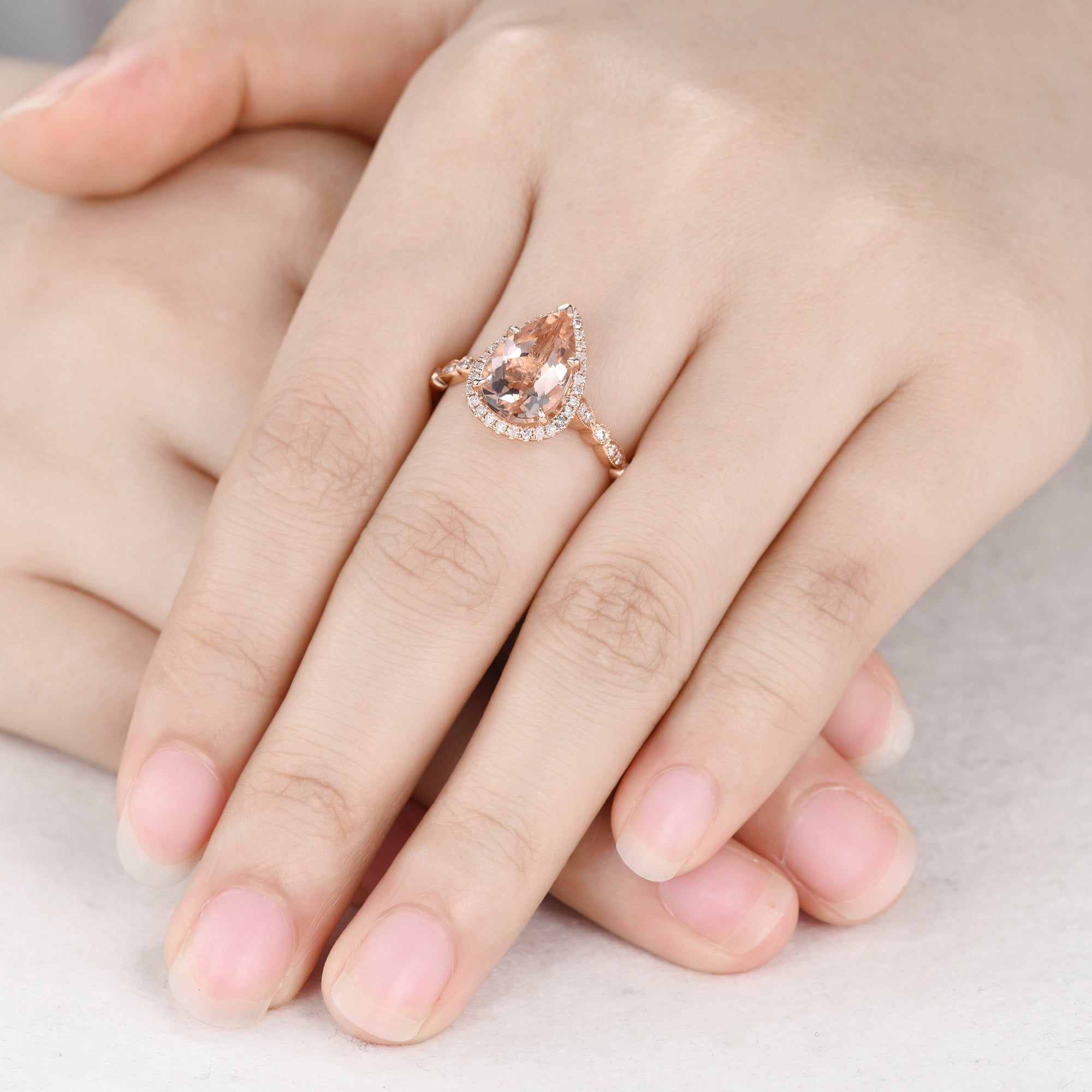 Art Deco 7x10mm Teardrop Morganite Engagement Ring in Rose Gold with Milgrain Diamond Accents - Perfect for Proposals, Anniversaries & Romantic Occasions