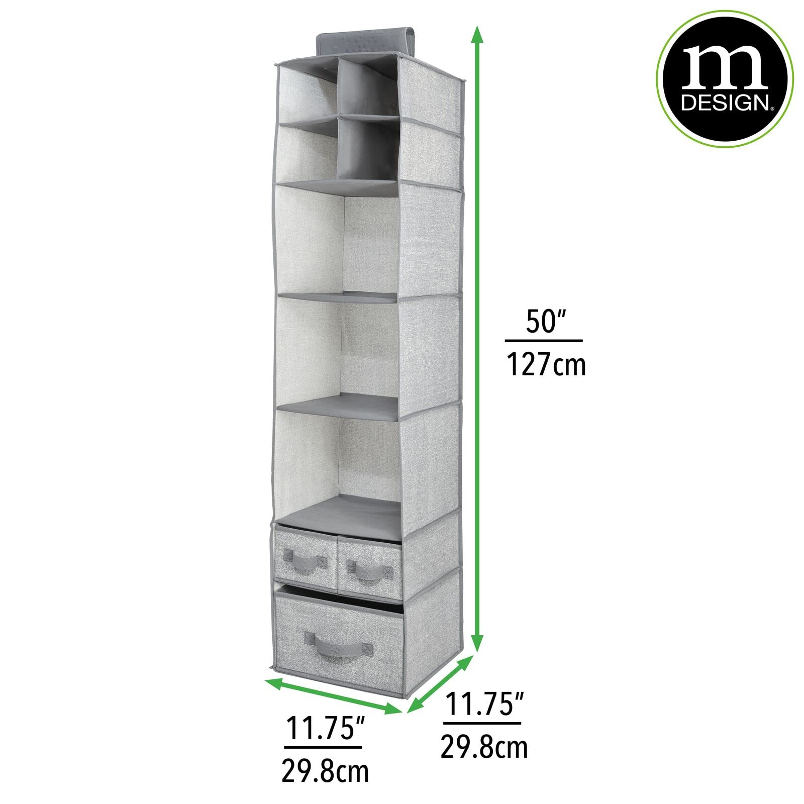 Fabric Hanging Organizer with 7 Shelves & 3 Drawers - Gray 2 Pack for Closet & Nursery Storage