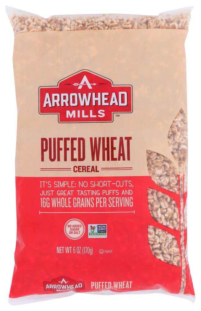 Organic Puffed Wheat Cereal by Arrowhead Mills - 6oz Bags (Pack of 12) | Gluten-Free Breakfast Cereal | Healthy Snack for Kids & Adults | Perfect for Smoothie Bowls, Yogurt Toppings & On-the-Go Snacking
