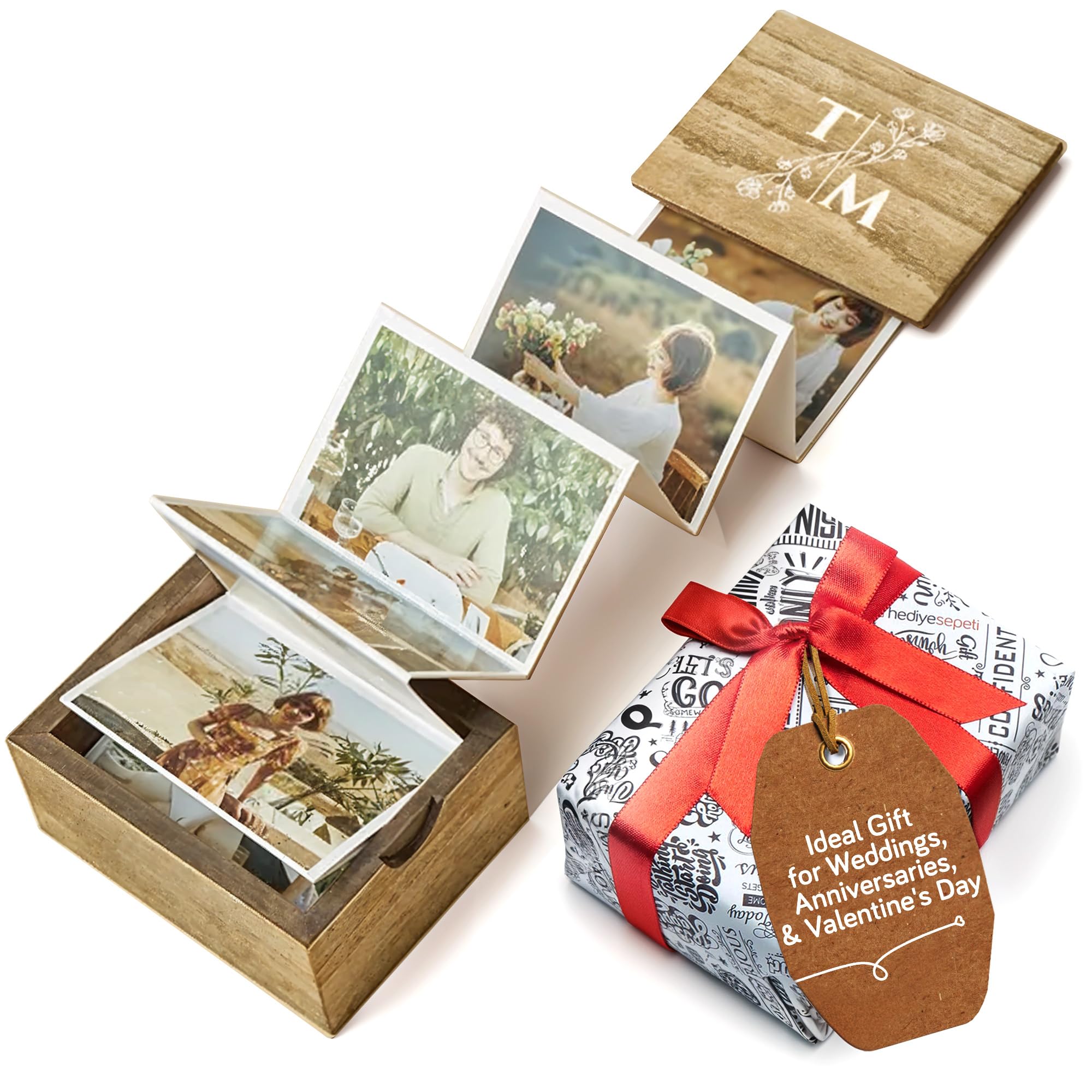 Personalized Wooden Photo Box with Initials - Handmade Custom Picture Keepsake Box for Wedding, Anniversary & Romantic Gifts - 3