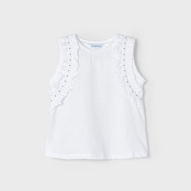 Girls Ruffle Trim Tank Top - White | Casual Summer Outfit for Kids, Playdates & Beach Wear