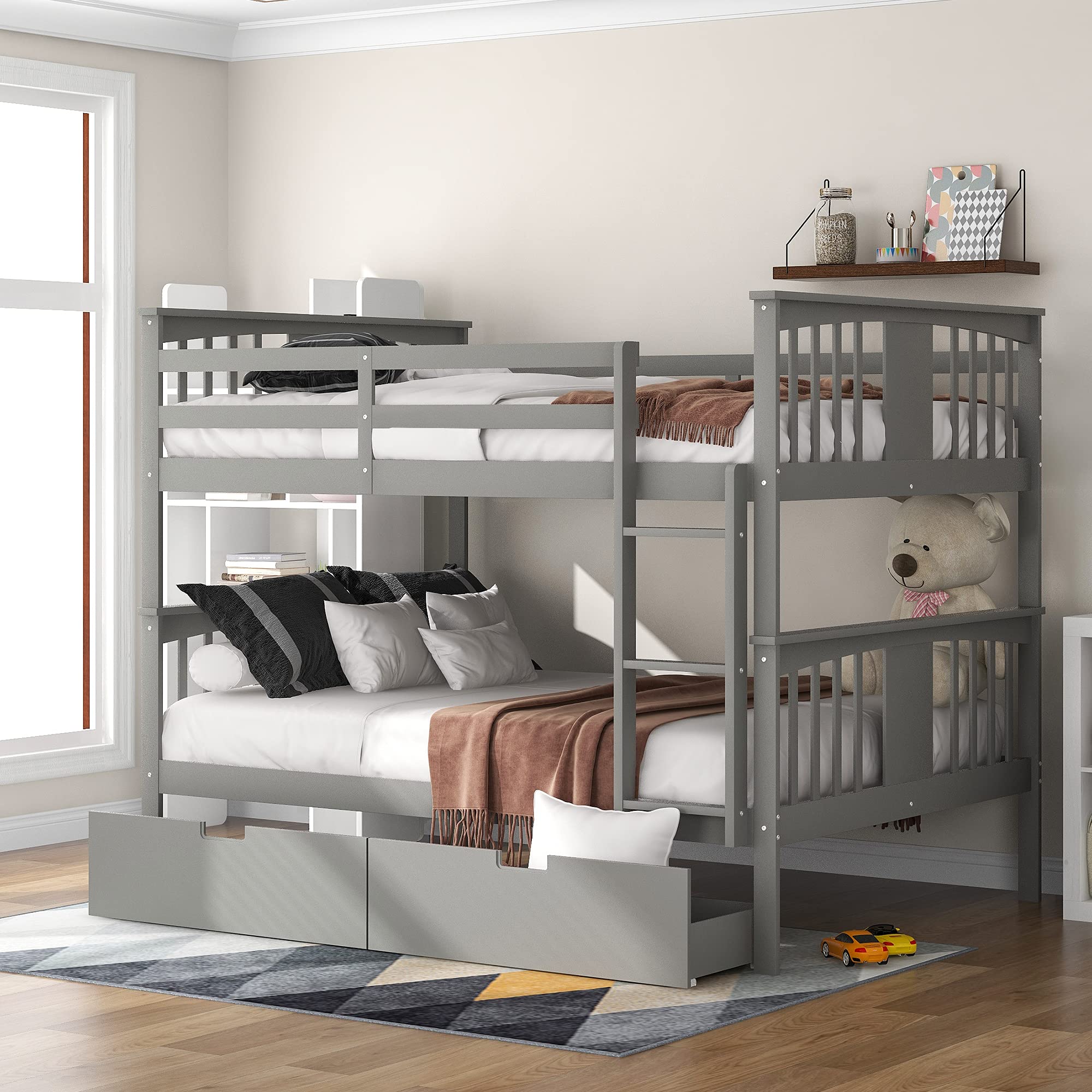 Convertible Full Over Full Bunk Bed with Storage Drawers - Sturdy Wood Bunk Bed Frame with Safety Guardrail & Ladder for Kids, Teens & Adults - Grey Twin Bunk Beds for Small Spaces - Perfect for Kids' Bedrooms, Dorm Rooms & Guest Rooms