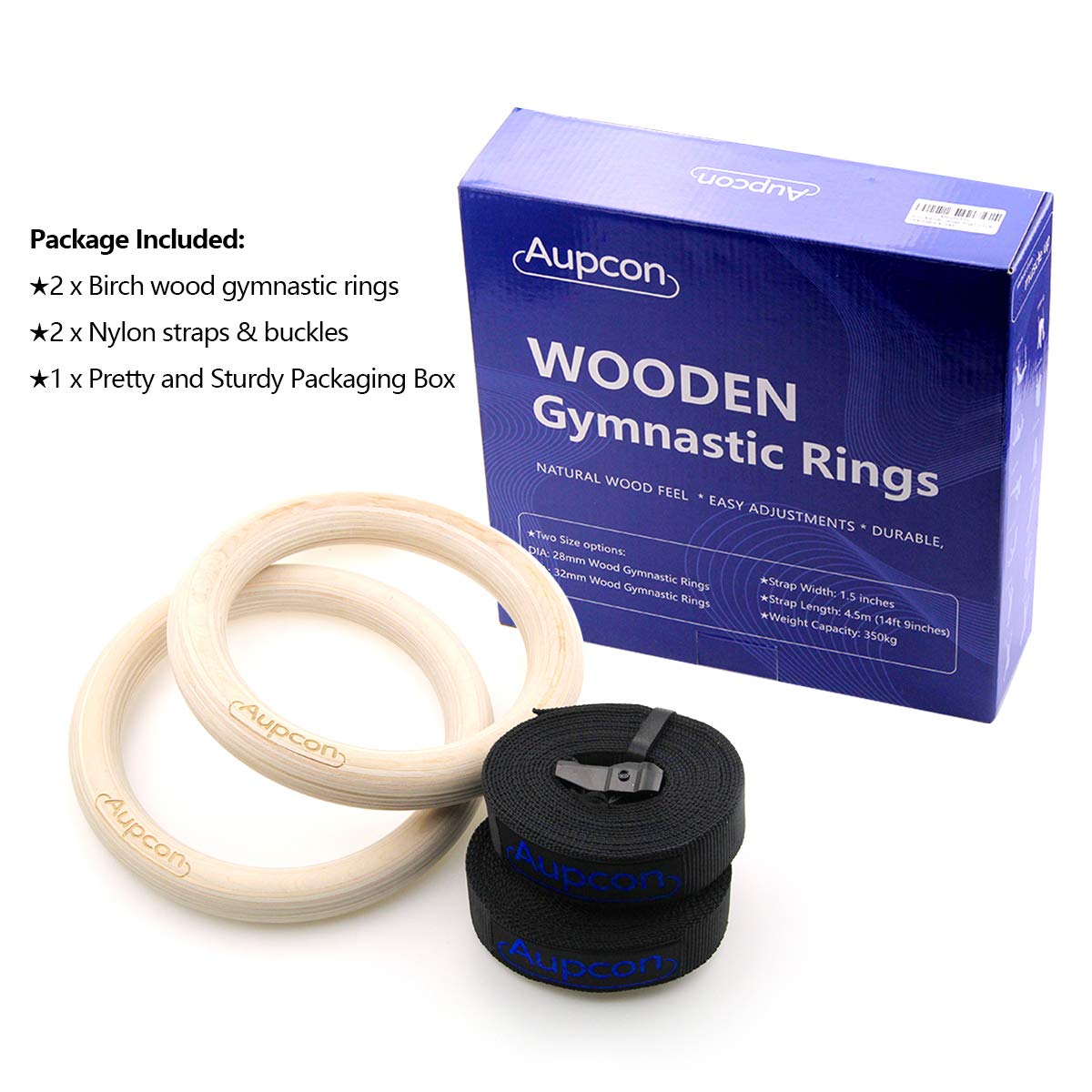 AUPCON Wood Gymnastic Rings - Olympic Gym Rings with Adjustable Straps for Pull Ups, Strength Training, Dips & Home Workouts - Perfect for CrossFit, Calisthenics & Outdoor Fitness