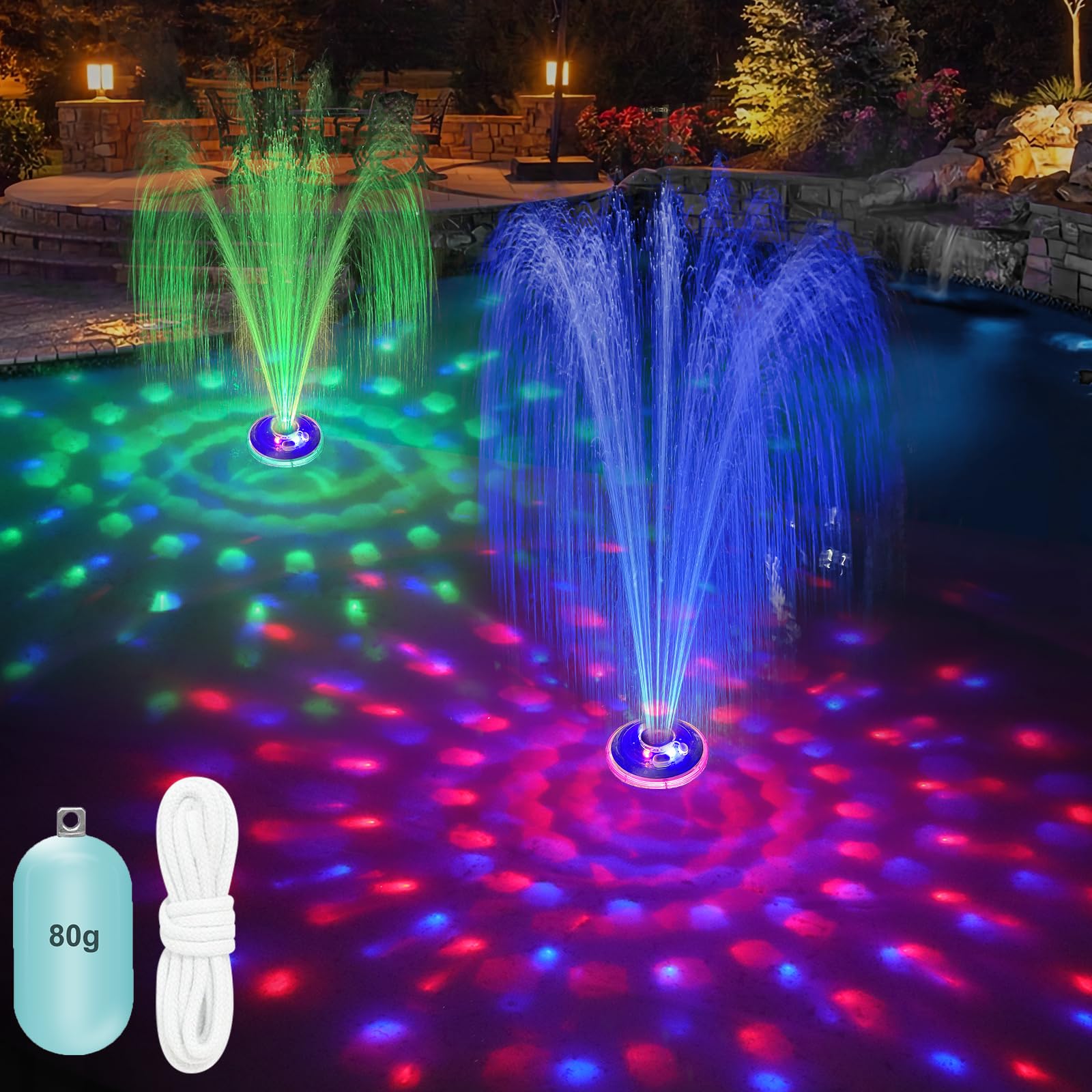 Rechargeable Battery Powered Floating Pool Fountain with LED Underwater Light Show - 2 Spray Modes Waterfall Pump for Inground/Above Ground Pools & Garden Ponds - Perfect for Backyard Decor, Water Aeration and Relaxation