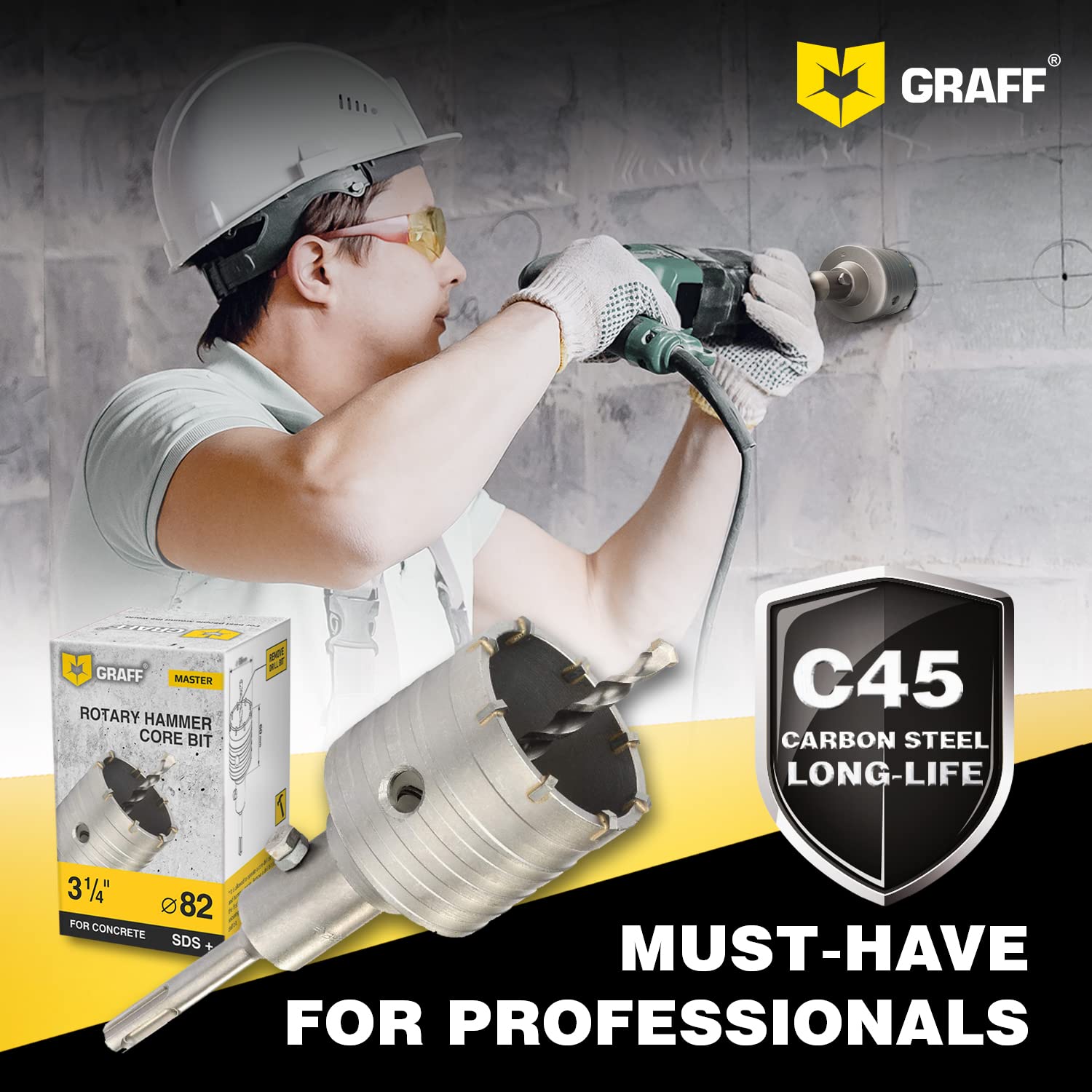 3 1/4 Inch SDS Plus Core Drill Bit for Concrete & Masonry - Heavy Duty Rotary Hammer Hole Saw for Cement, Brick, Silicate - Includes 10x110mm Center Drill & 82mm GRAFF Cutter - Perfect for Construction, Plumbing & Electrical Installations