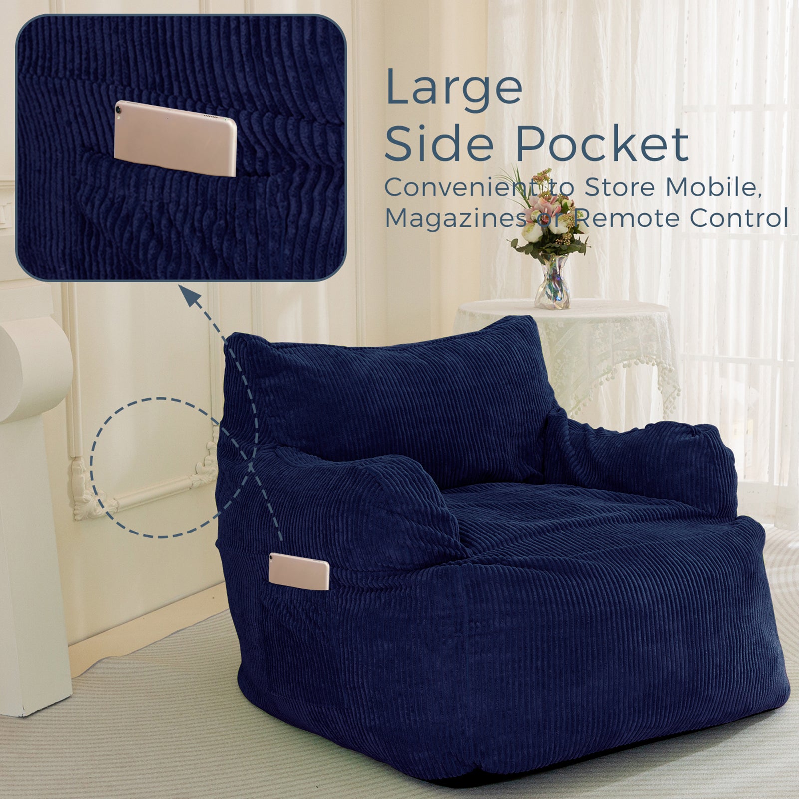MAXYOYO Giant Bean Bag Chair - Oversized Stuffed Bean Bag Couch for Living Room, Bedroom & Game Room - Navy Blue Comfortable Lounge Seating for Adults & Teens