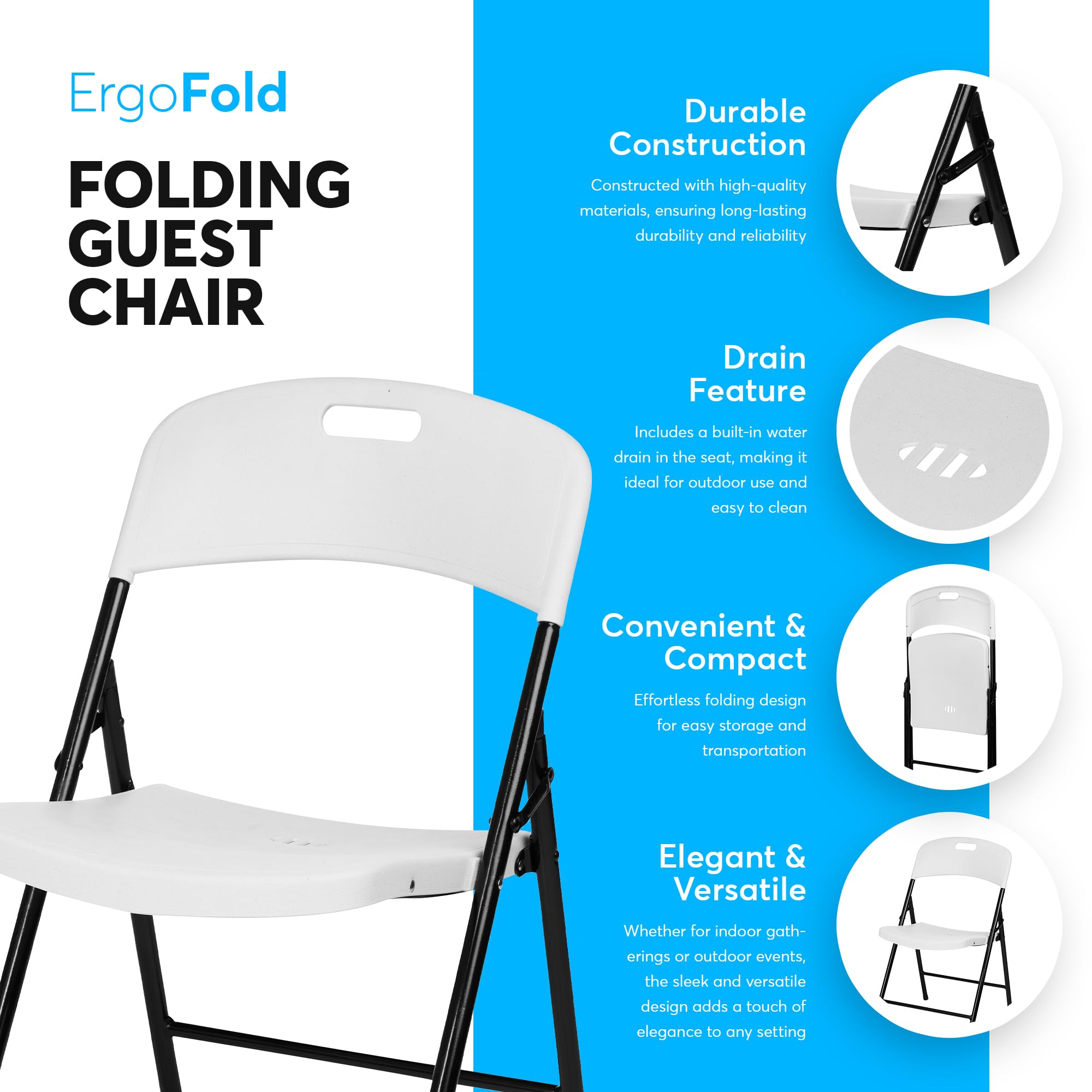Commercial Stackable Folding Chairs - 6 Pack White Plastic Indoor/Outdoor Chairs for Office, Wedding, Party, Picnic & Dining - 350lb Capacity | Perfect for Events, Restaurants & Home Use