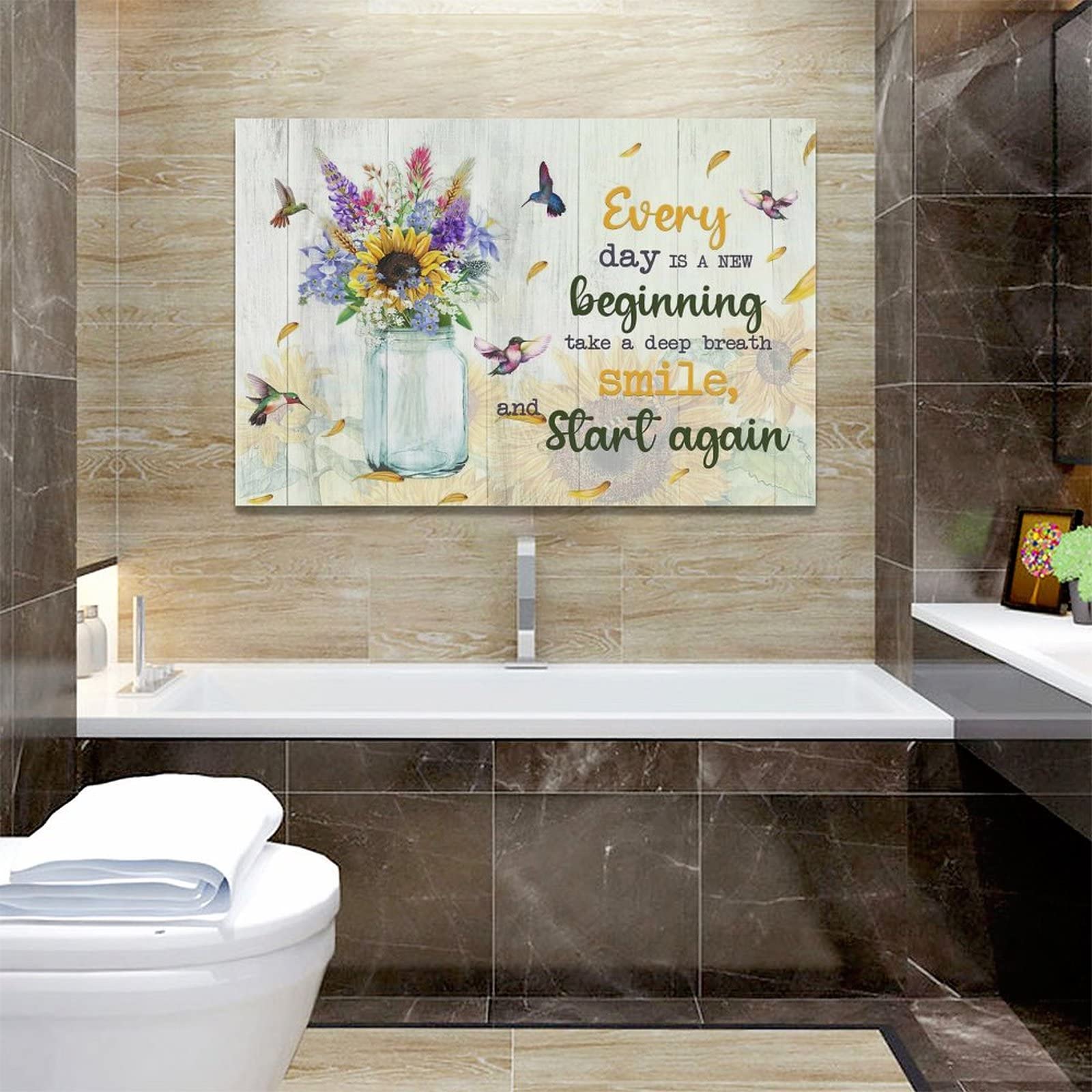 Rustic Sunflower & Hummingbirds Canvas Wall Art - 24x16 Inch Country Bathroom Decor with Inspirational Quotes, Modern Farmhouse Prints for Living Room, Bedroom, Bathroom - Perfect for Home, Office & Gift Giving