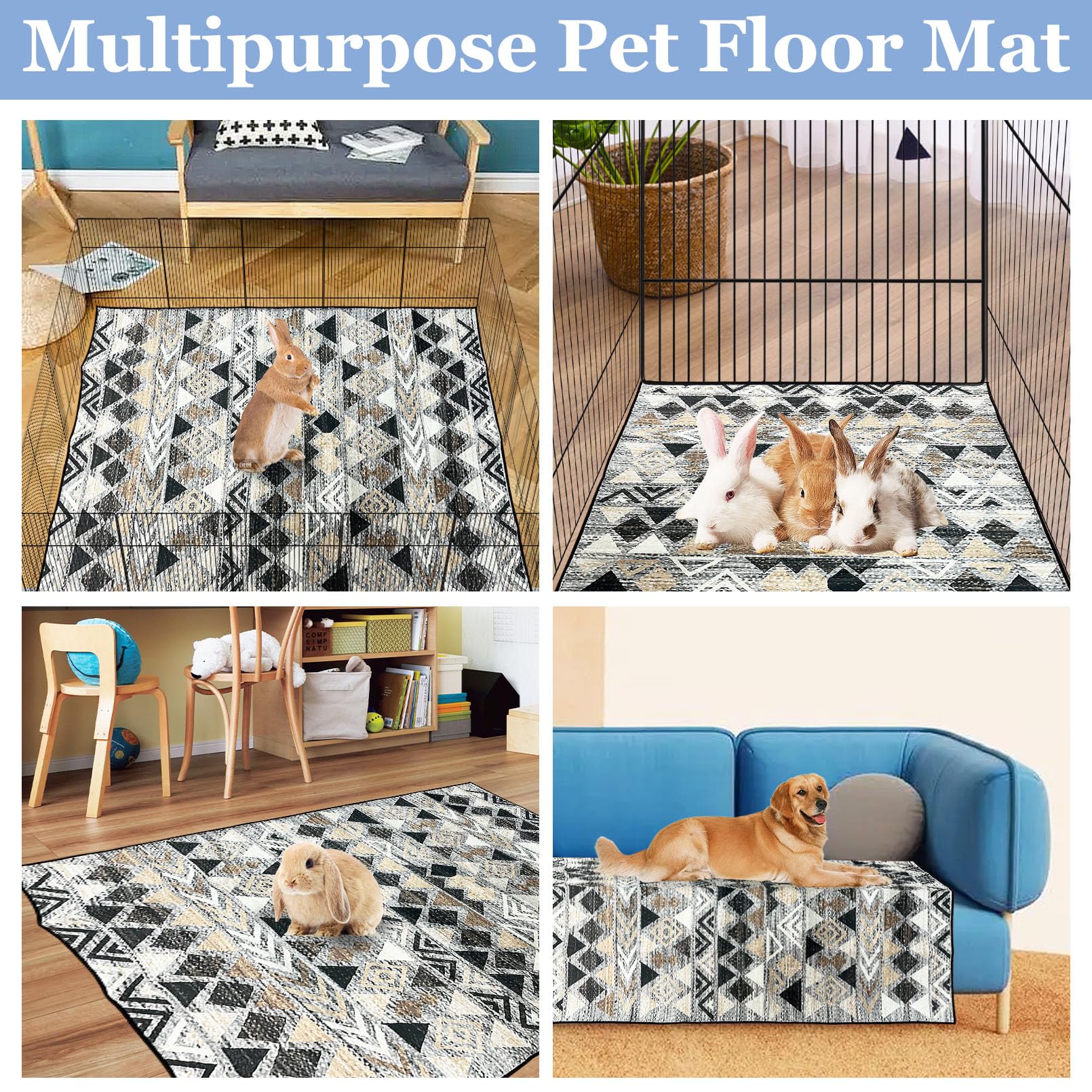 BNOSDM 63x47 Inch Washable Rabbit Cage Liner - Reusable Bunny Mat with Anti-Slip Bottom, Soft Pet Playpen Pad for Rabbits, Dogs, Chinchillas, Guinea Pigs & Ferrets - Perfect for Indoor Cages, Play Areas & Floor Protection