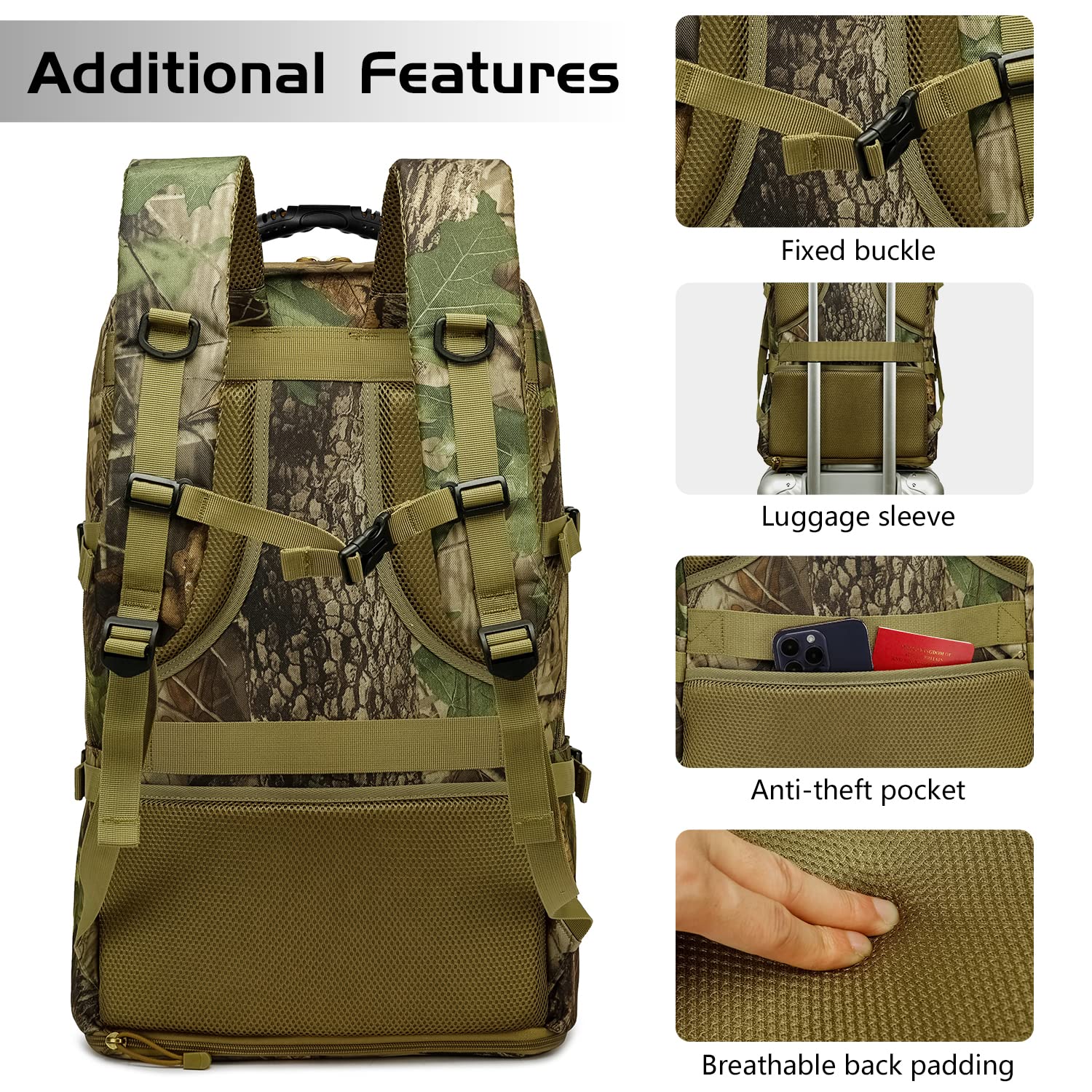 TUGUAN 50L/60L Expandable Military Tactical Backpack for Men - Waterproof Camouflage Laptop Hiking Backpack with Shoe Compartment, Large Capacity Durable Canvas Rucksack for Travel, Camping, Climbing & Outdoor Adventures