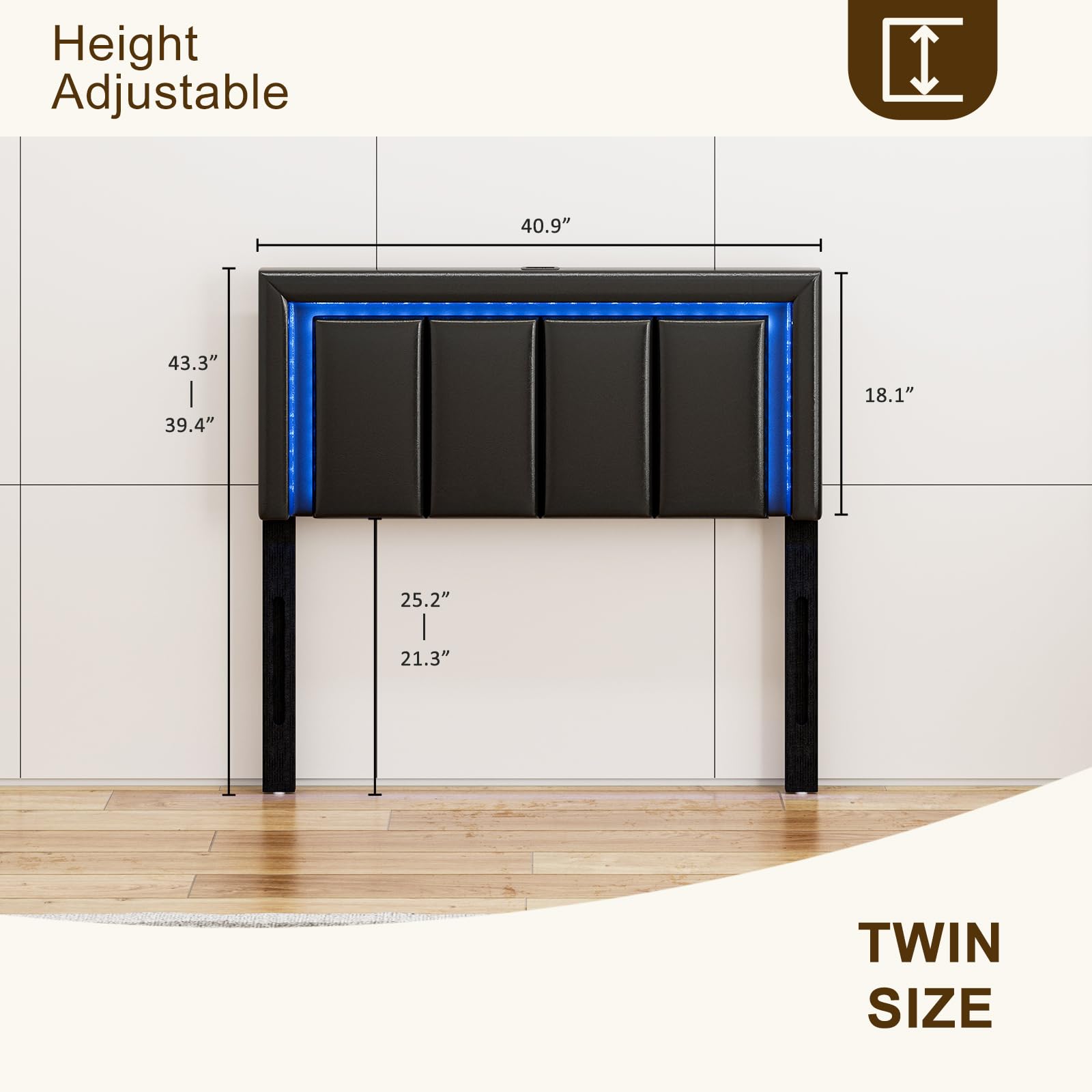 IKIFLY Twin Size LED Headboard with 2 USB Ports & Adjustable Height - Modern Faux Leather Twin/Twin XL Bed Headboard with Soft LED Lighting - Upholstered Headboard Only, Easy Assembly (Black) - Perfect for Bedroom, Dorm Room & Small Space Decor