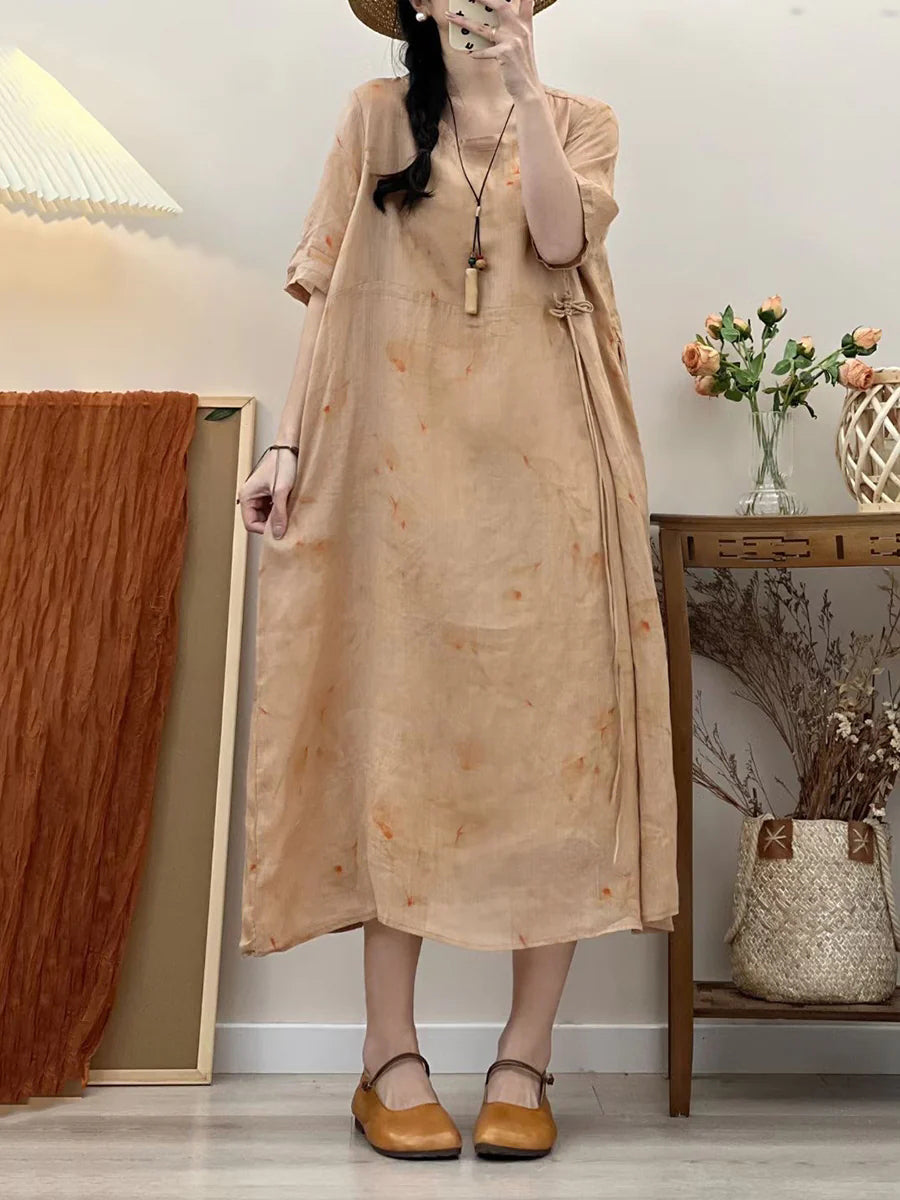 Plus Size Summer Floral Print Loose Fit Ramie Dress for Women - Comfortable Vacation & Beach Wear for Travel