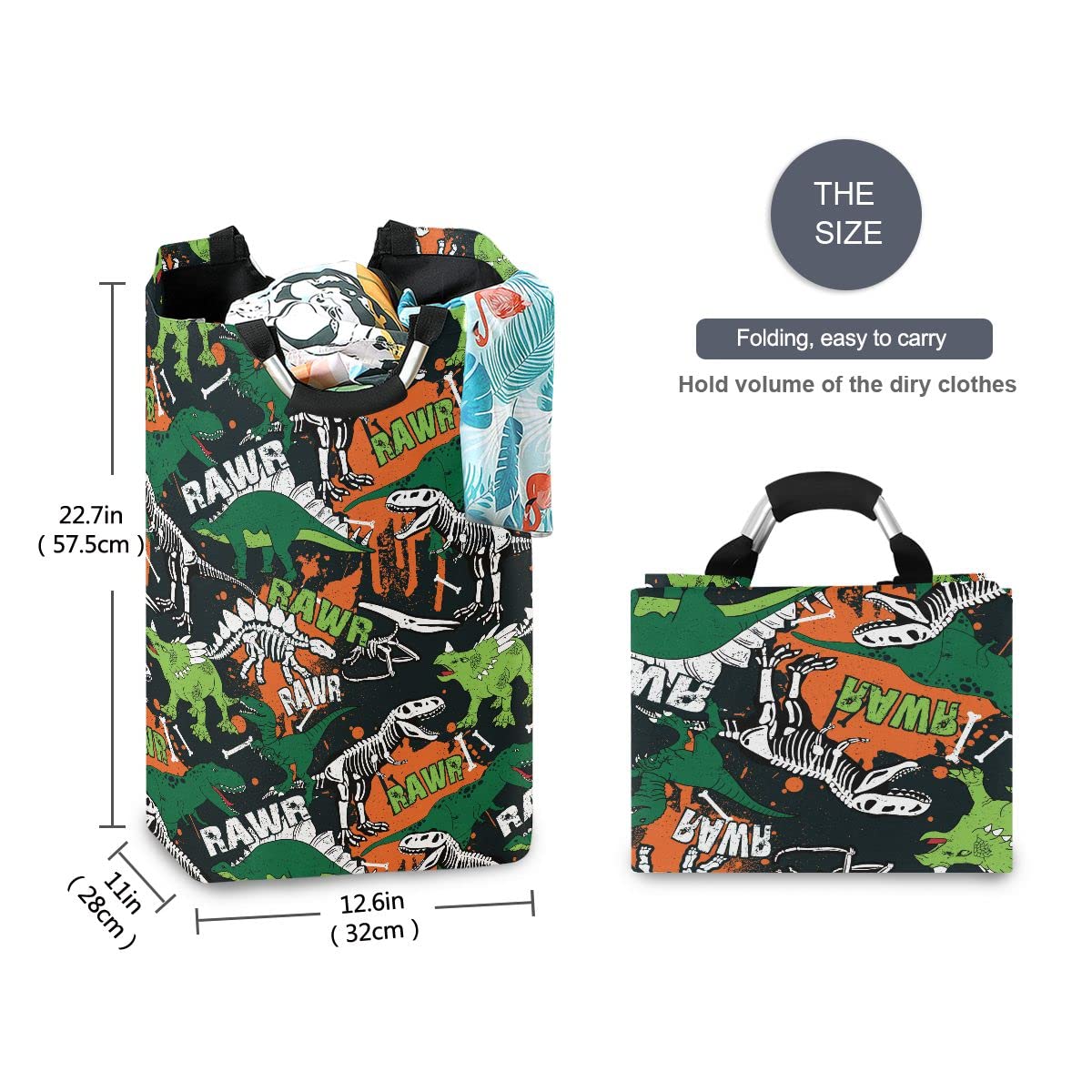 Durable Foldable Laundry Bag with Handles - Collapsible Dinosaur-Themed Laundry Basket for Kids Room, Bathroom Storage & Organization - Perfect for Travel, Dorm, and Home Decor