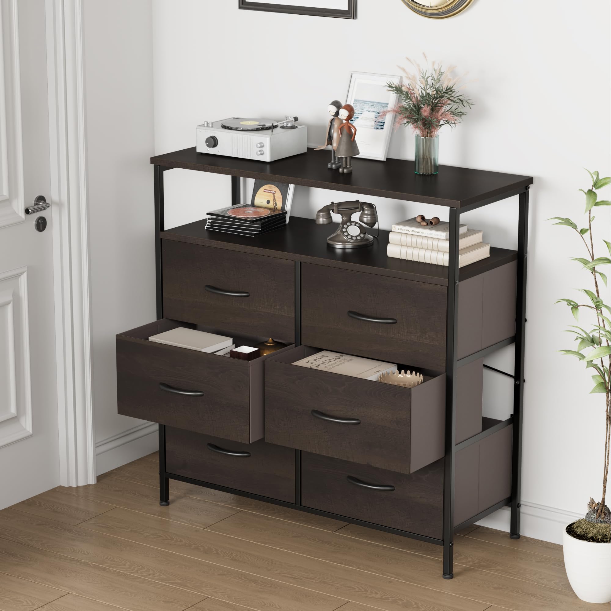 6-Drawer Wood Top Dresser with Fabric Storage Bins - Dark Brown Chest of Drawers for Bedroom, Closet & Kids Room Organization | Perfect as TV Stand, Clothes Storage & Home Decor