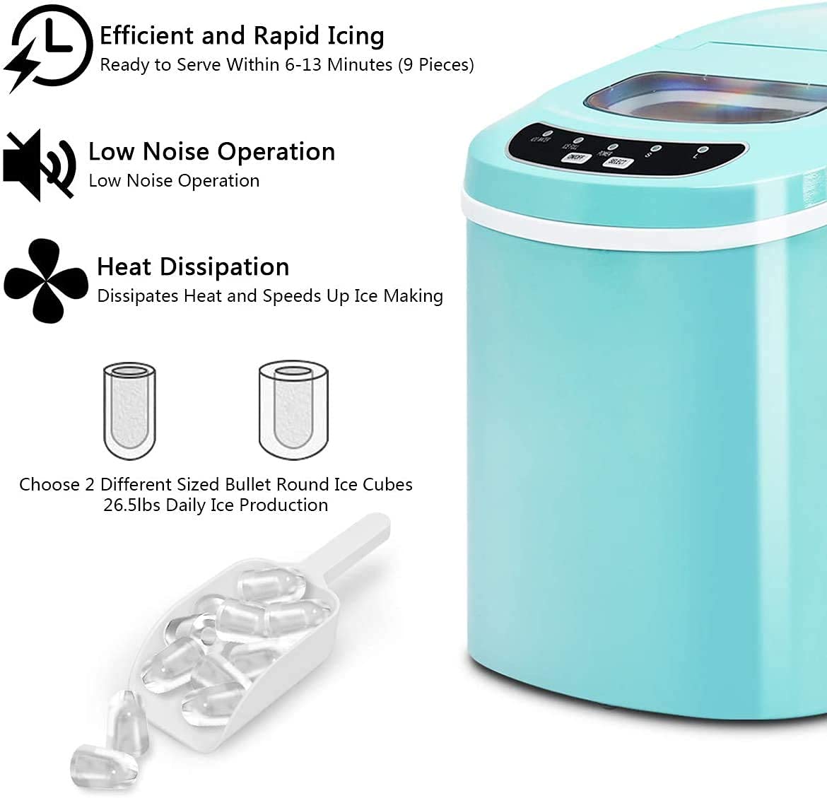 Portable Countertop Ice Maker Machine - 9 Cubes in 6 Mins, 2.2L Capacity with Ice Scoop & Removable Basket | Perfect for Cocktails, Sodas, Water Bottles | Ideal for Home, Office, RV, Parties (Green) - Fast Freezing Compact Ice Cube Maker for Daily Use