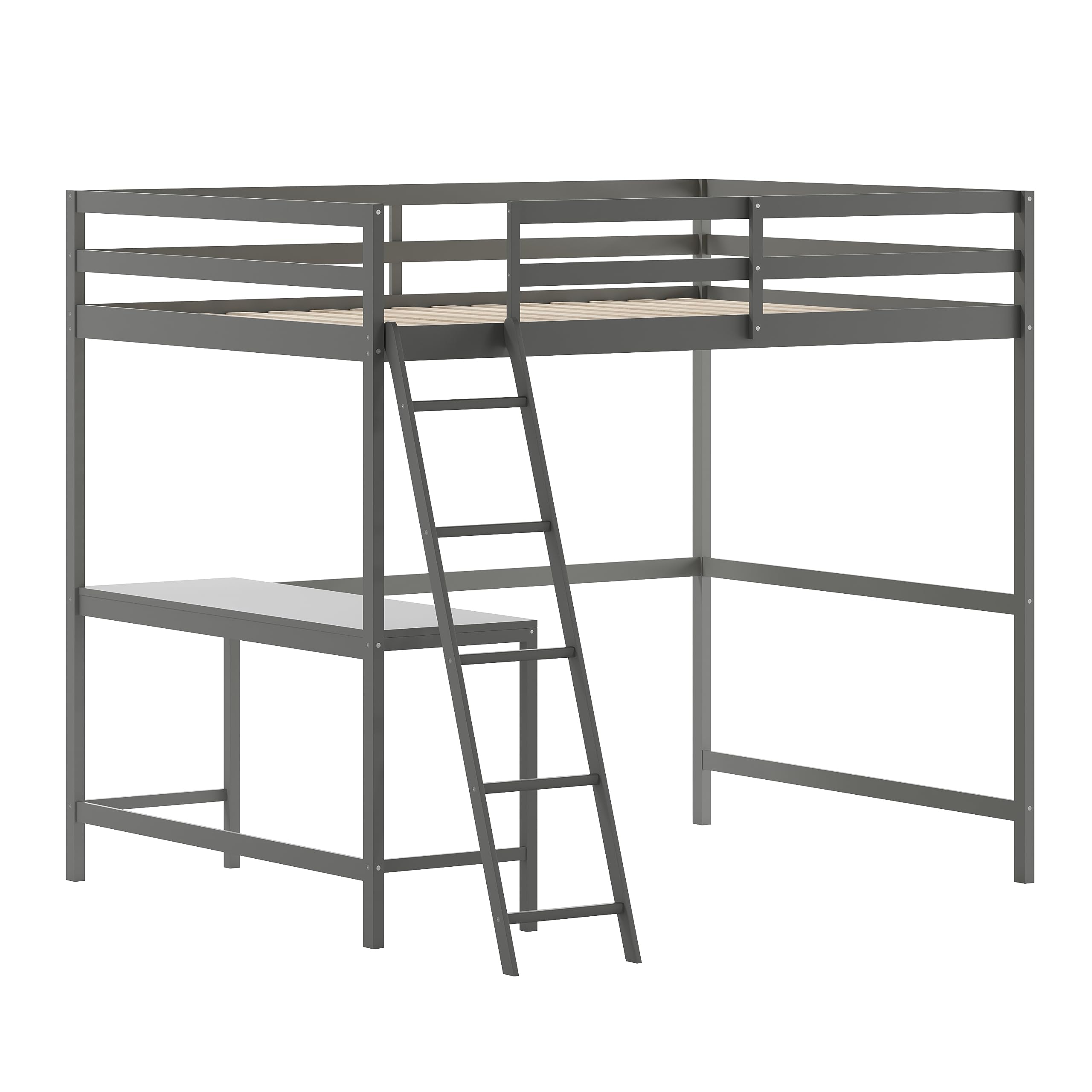 Full Size Loft Bed Frame with Desk - Light Gray Wood Slats, Protective Guard Rails & Ladder - Space Saving Design for Kids & Teens - Perfect for Small Bedrooms & Dorm Rooms