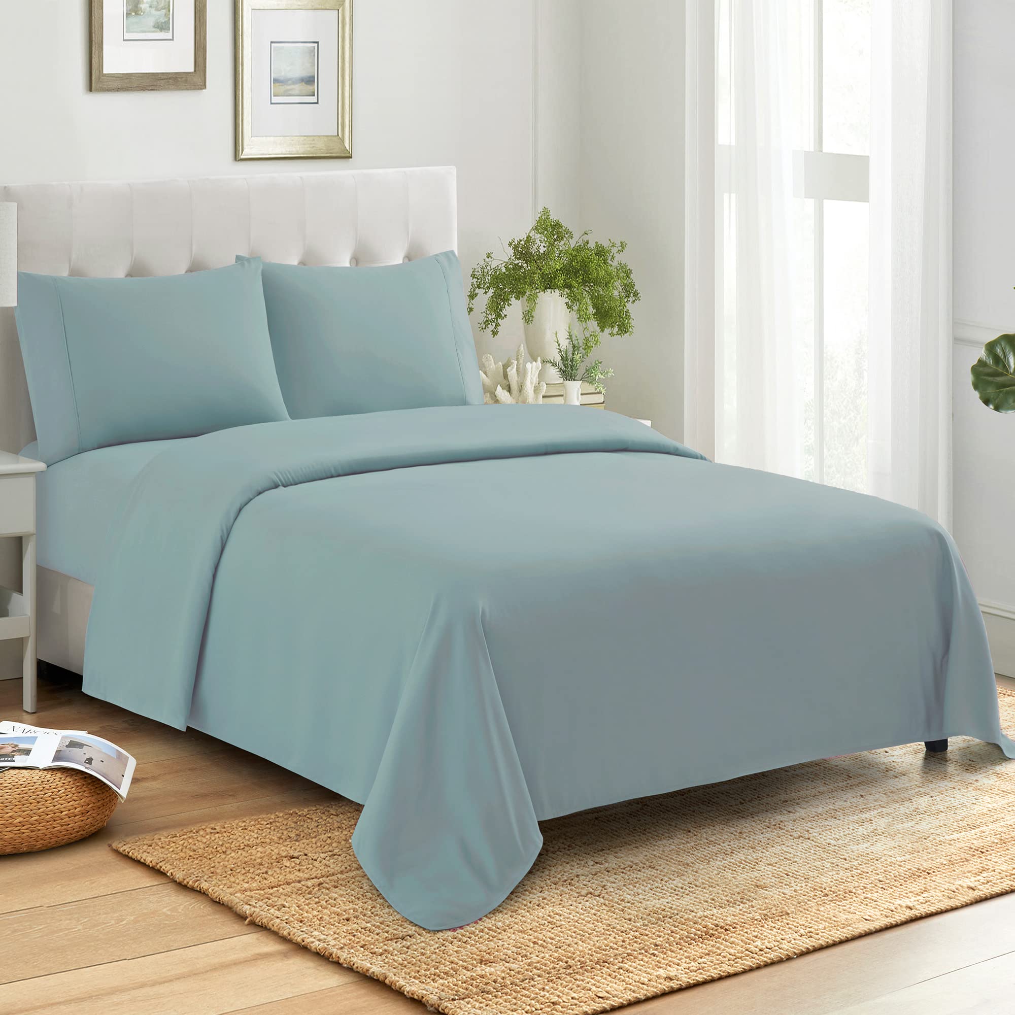 Premium 100% Egyptian Cotton Full Size Bed Sheet Set - 400 Thread Count, Ultra Soft & Breathable - 4 Piece (Fitted Sheet, Flat Sheet, 2 Pillowcases) - Misty Blue - Perfect for Guest Rooms, Dorms & Cozy Bedrooms