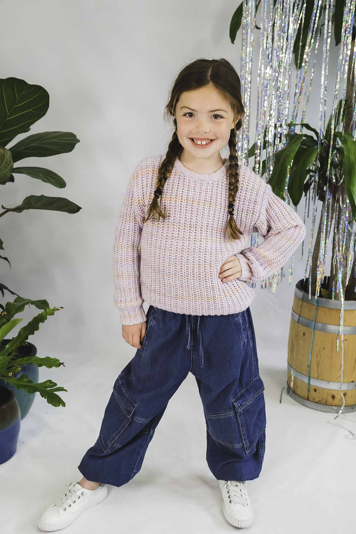 Gaylen Multi Lavender Jumper for Girls - Soft Cotton Knit Sweater with Floral Embroidery | Perfect for School, Playdates & Family Photos