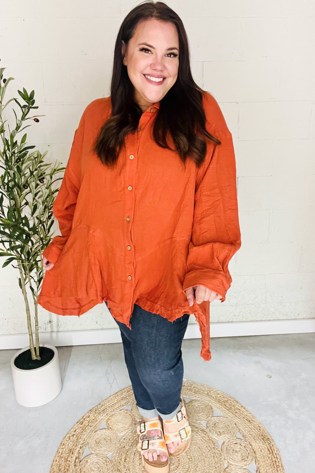 Stylish Rust Button Down Sharkbite Cotton Tunic Top for Women | Comfortable Everyday Wear | Perfect for Office, Casual Outings & Date Nights