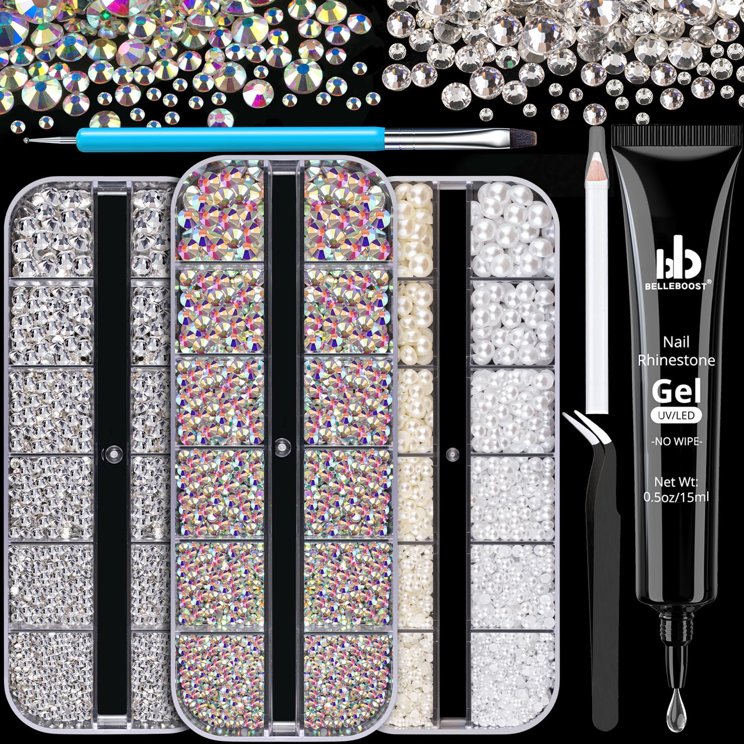 Premium Nail Rhinestones & Pearls Kit - Flatback Glass Crystals, AB Gems, Half Round Pearls with Nail Glue Gel (UV/LED Required) - Perfect for Nail Art, DIY Manicures, Salon Designs & Special Occasion Nail Decorations