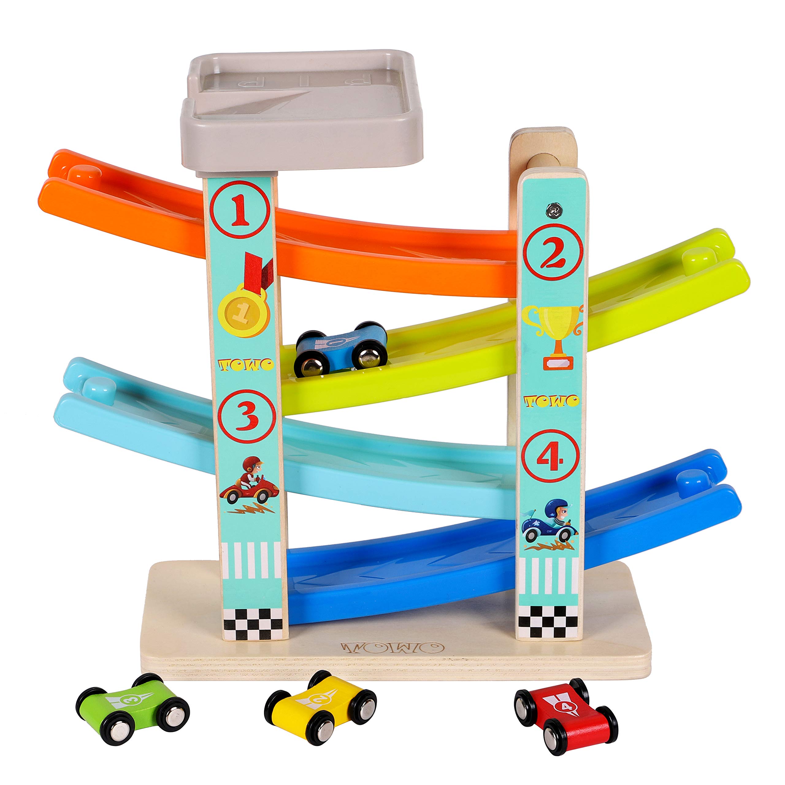 TOWO Wooden Car Ramp Toy Set - Zig Zag Race Track with 4 Wooden Cars & Parking Garage - Click Clack Racer for Toddlers - Educational STEM Toys for Boys Girls Ages 2 3 4 - Perfect for Indoor Play, Birthday Gifts & Preschool Learning Activities