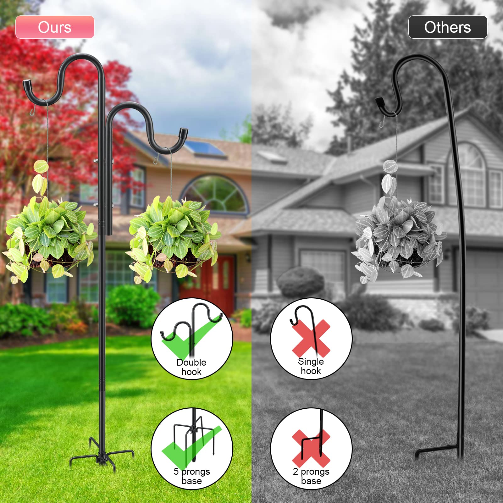 92-inch Heavy Duty Stainless Steel Double Shepherd Hooks for Outdoor Bird Feeders - 5-Prong Base for Wind Chimes, Solar Lights & Wedding Decor | Perfect for Garden, Patio & Backyard Decoration