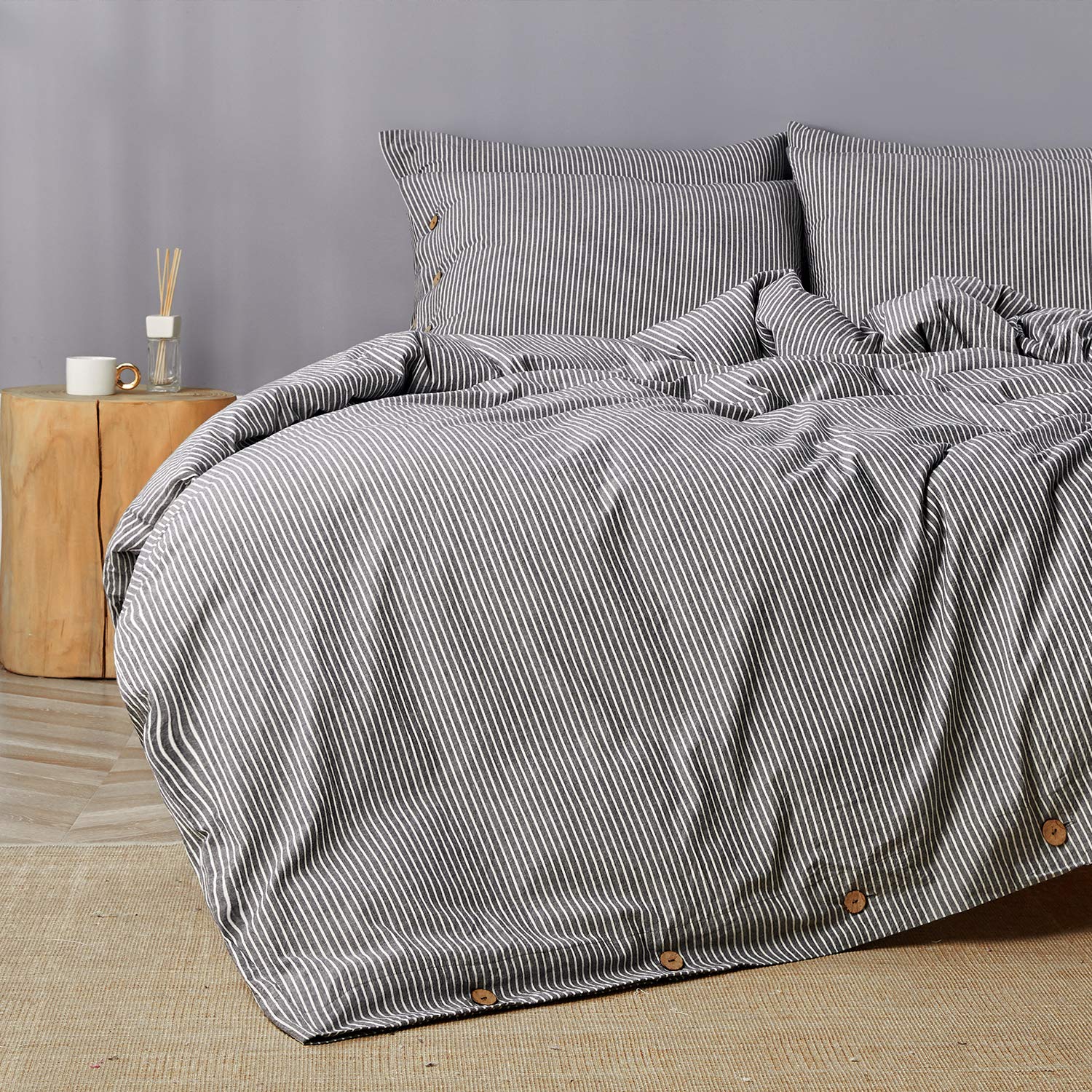 JELLYMONI 100% Washed Cotton Duvet Cover Set King Size - 3 Piece Pinstripe Bedding Set with Button Closure, Black & White Striped Pattern (Comforter Not Included) | Soft Breathable Luxury Bedding for Master Bedroom, Guest Room & Vacation Homes