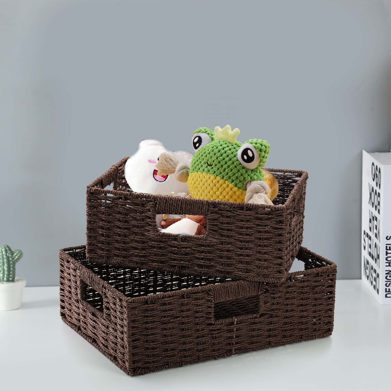 TOPZEA 2-Pack Brown Wicker Storage Baskets - Handwoven Paper Rope Shelf Organizer with Handle for Pantry, Kitchen, Bathroom & Coffee Bar | Perfect for Home Organization, Closet Storage & Decorative Shelving
