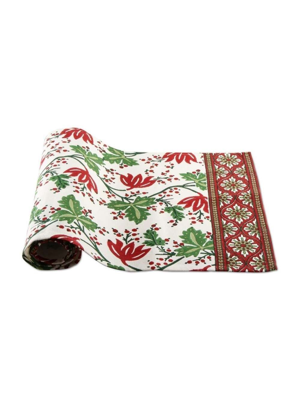 Amaryllis Block Print Table Runner - Red and Green Handmade Cotton Table Decor for Dining Room, Kitchen, Wedding & Holiday Parties