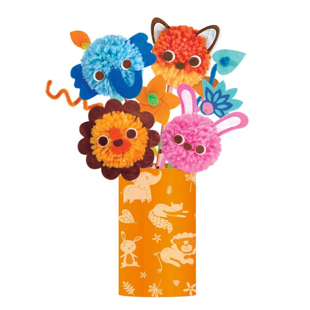 Avenir Fluffy Pom Pom Animal Bouquet - Adorable Plush Stuffed Animals Gift for Kids, Birthday, Baby Shower & Home Decor