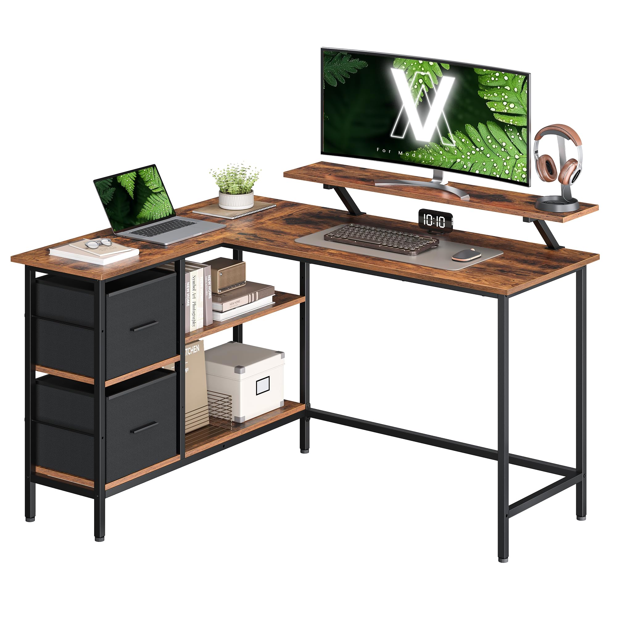 VASAGLE Vintage Brown L-Shaped Computer Desk with 2 Spacious Baskets, Monitor Stand, and Adjustable Storage Shelves - Corner Gaming Desk for Home Office, Study, and Work LWD098B01