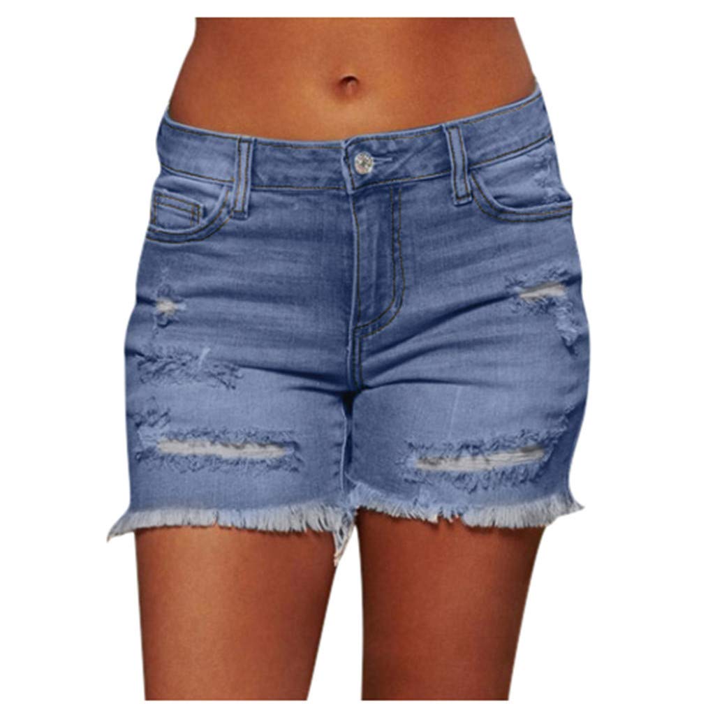hlysgo Women's Mid Rise Ripped Stretchy Denim Shorts with Frayed Raw Hem - 2024 Summer Casual Jean Shorts for Outdoor Adventures and Weekend Getaways