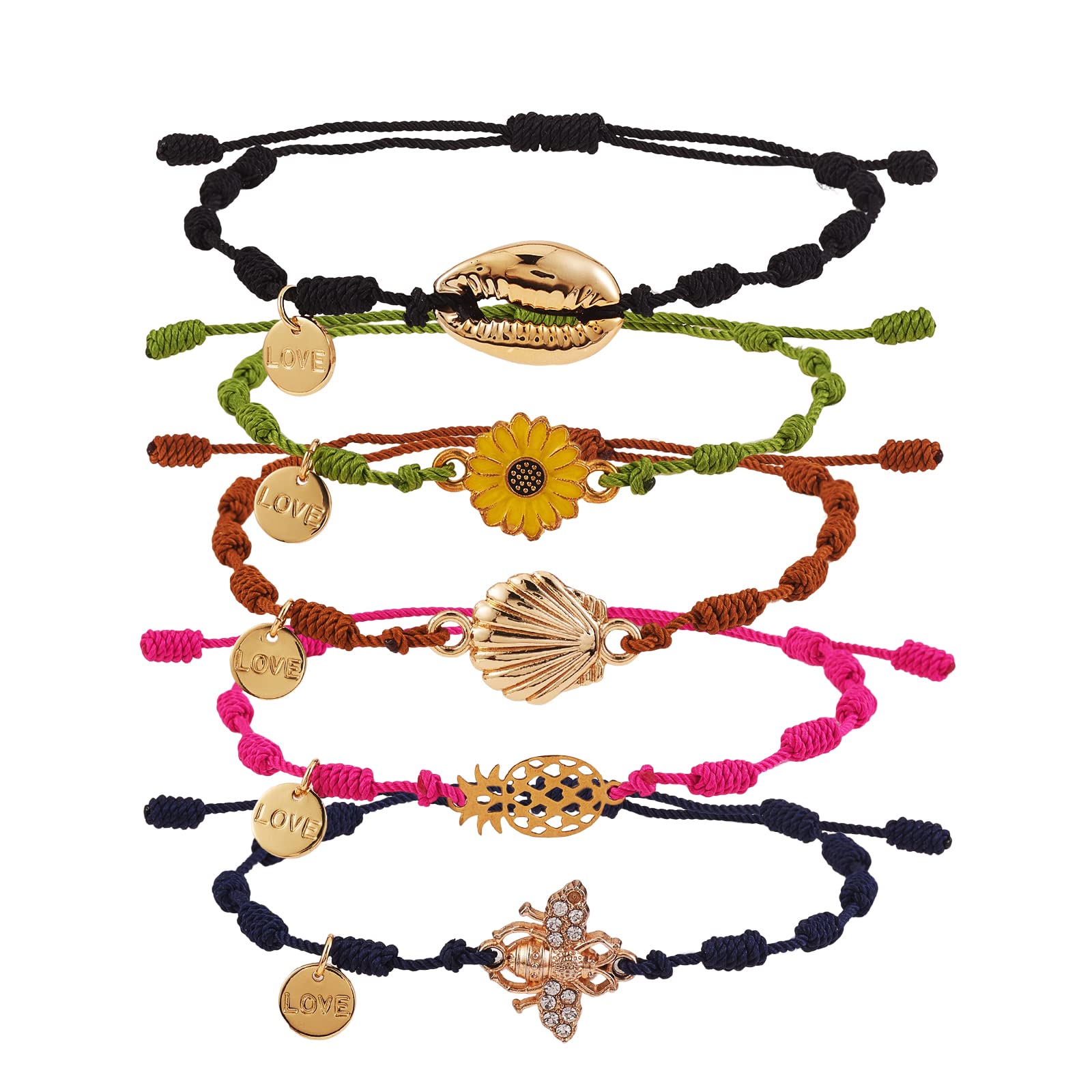 Ornaland 5-Piece Braided Knot Bracelets Set - Natural Shell Flower, Pineapple & Bee Charms with Love Word Disc - Boho Beach Jewelry for Women | Perfect for Summer Outfits, Gifts & Layered Bracelet Stacks